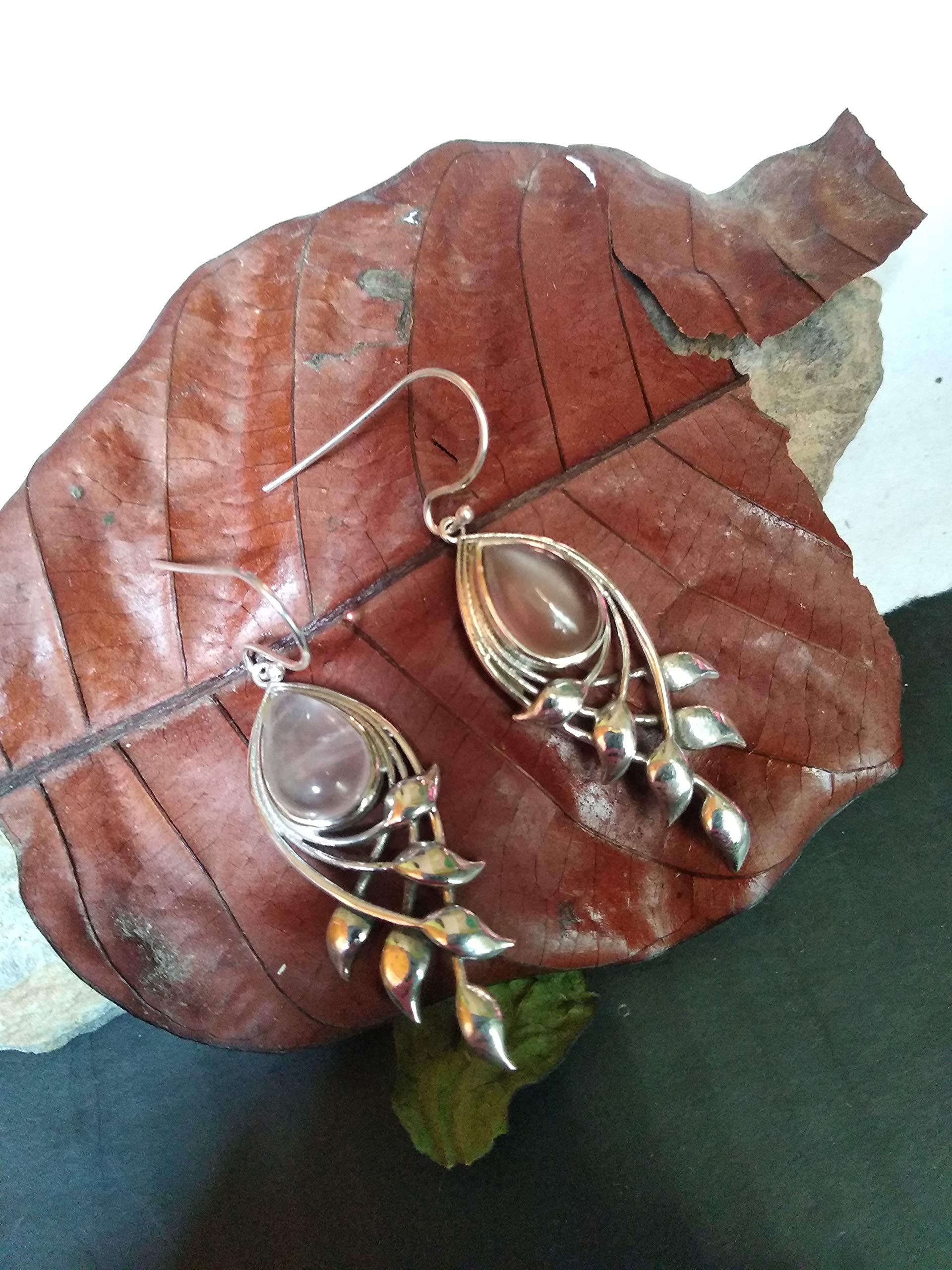 Rose Quartz Earrings for Women - 925 Sterling Silver Teardrop Leaf Shape Bridal Jewelry - Genuine Pink Gemstone Earrings - Perfect Gift for Her, Birthday, Anniversary, Wedding & Special Occasions