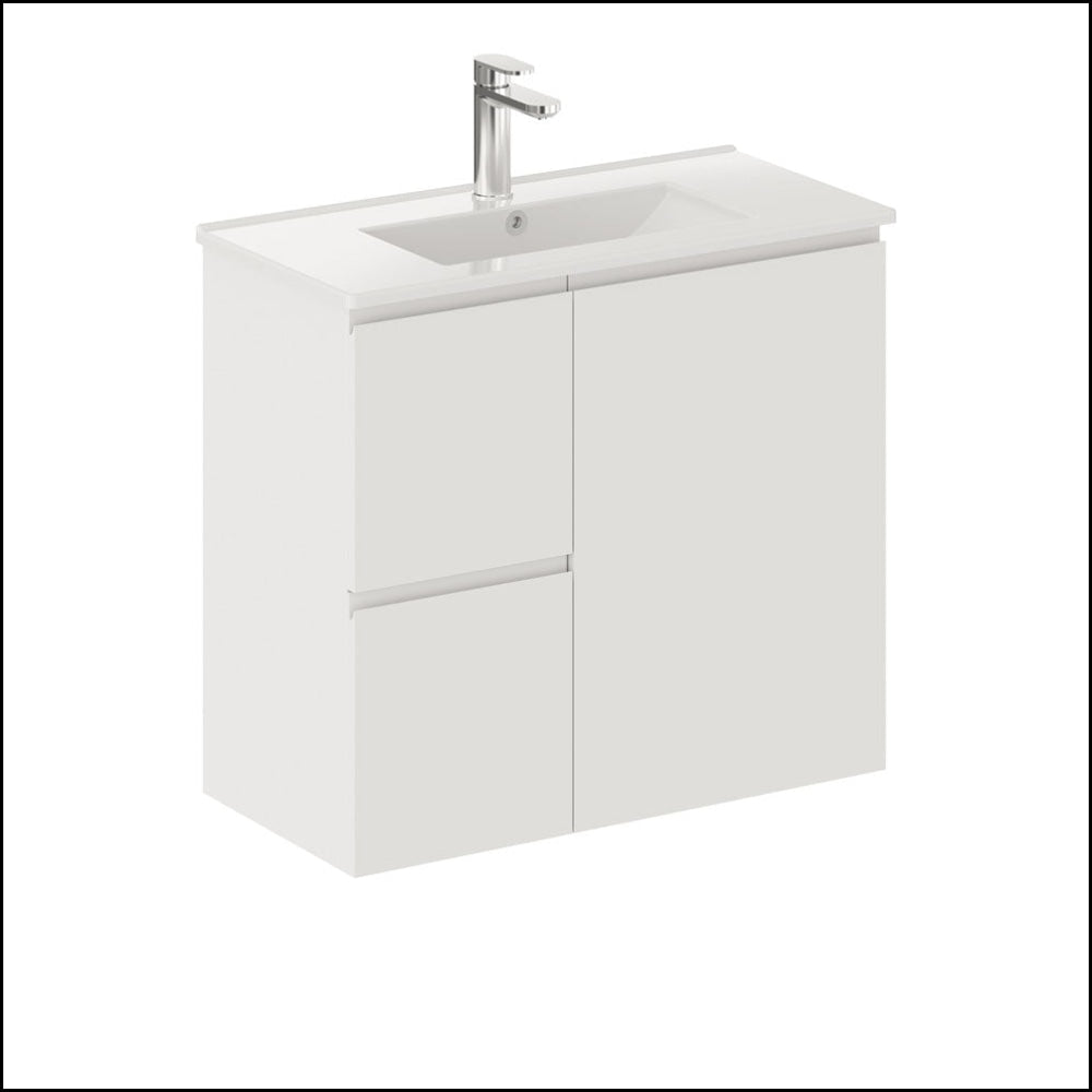 Fienza Siska 75DFL Slim 750mm White Wall Mounted Bathroom Vanity with Left Drawers - Perfect for Small Bathrooms & Modern Home Decor