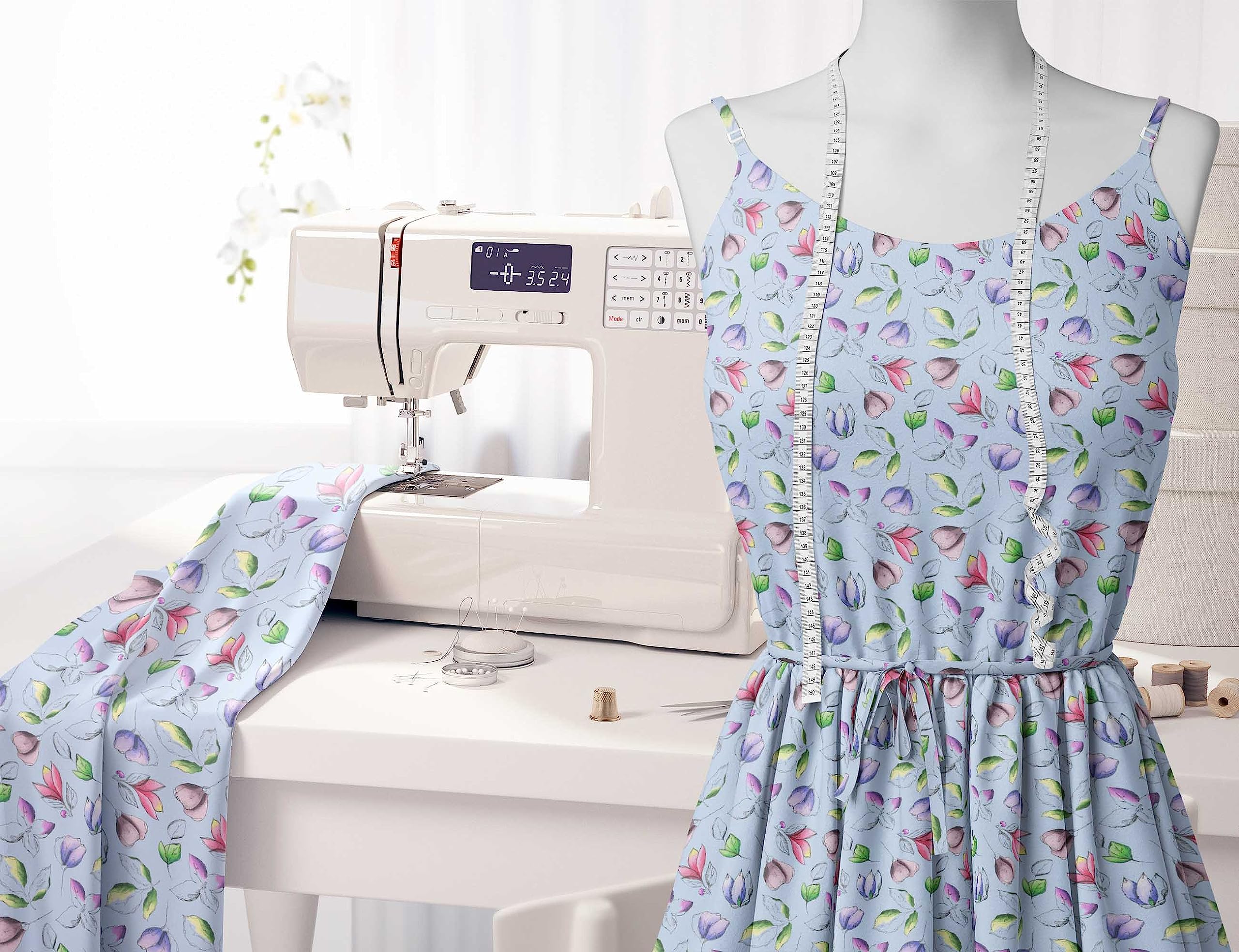 Soimoi Moss Georgette Blue Fabric by The Yard - 42 Inch Wide Printed Fabric with Artistic Leaf & Floral Patterns for DIY Fashion, Home Decor, and Craft Projects