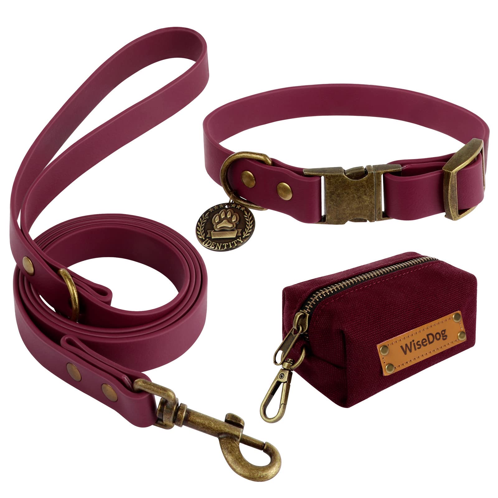 **Wisedog Adjustable Dog Collar and Leash Set - Durable Pet Collar with Leash for Small, Medium & Large Dogs - Includes Free Poop Bag Holder (XS, Burgundy) - Perfect for Walking, Training & Outdoor Adventures**