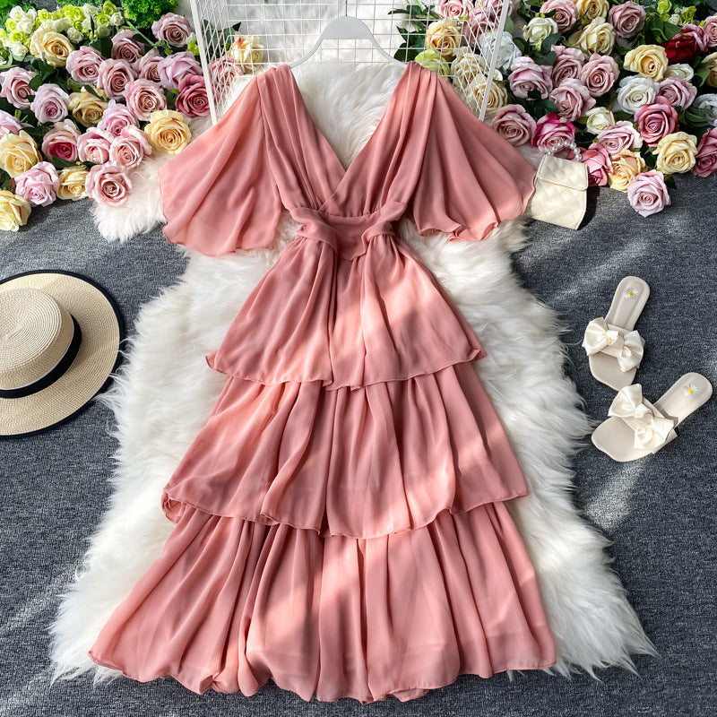 Elegant Chiffon V-Neck Backless Long Dress with Ruffle Hem - Perfect for Evening Parties, Weddings & Special Occasions