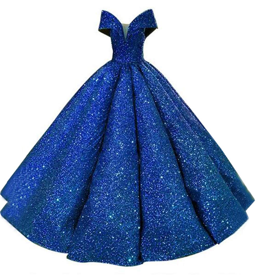 Emmani Women's Off The Shoulder Quinceanera Dress - Royal Blue Sequin Ball Gown with Ruffles for Prom, Sweet 16, Pageant & Formal Events | Elegant Evening Gown for Dances, Weddings & Special Occasions