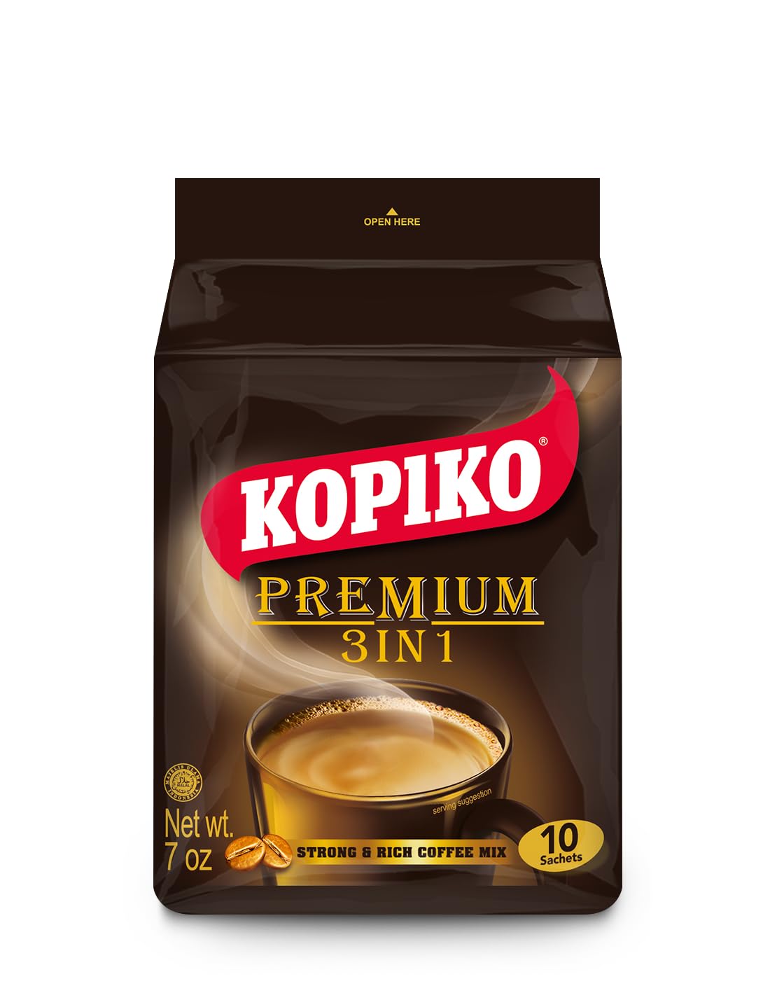 KOPIKO Premium 3-in-1 Instant Coffee Mix - Authentic Indonesian Volcanic Coffee, Strong & Smooth with Creamer & Sugar (7.1oz, 10 Sachets) - Perfect for Office, Travel & Home Brewing
