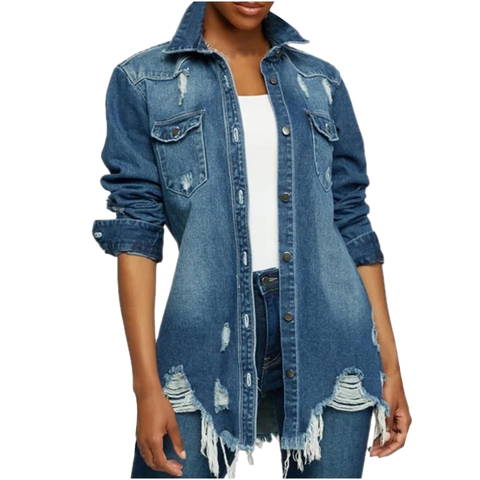 Women's Distressed Denim Jacket - Classic Butterfly Embroidered Long Sleeve Trucker Jacket for Winter | Casual Outerwear, Street Style Fashion, Layering Piece for Fall & Spring