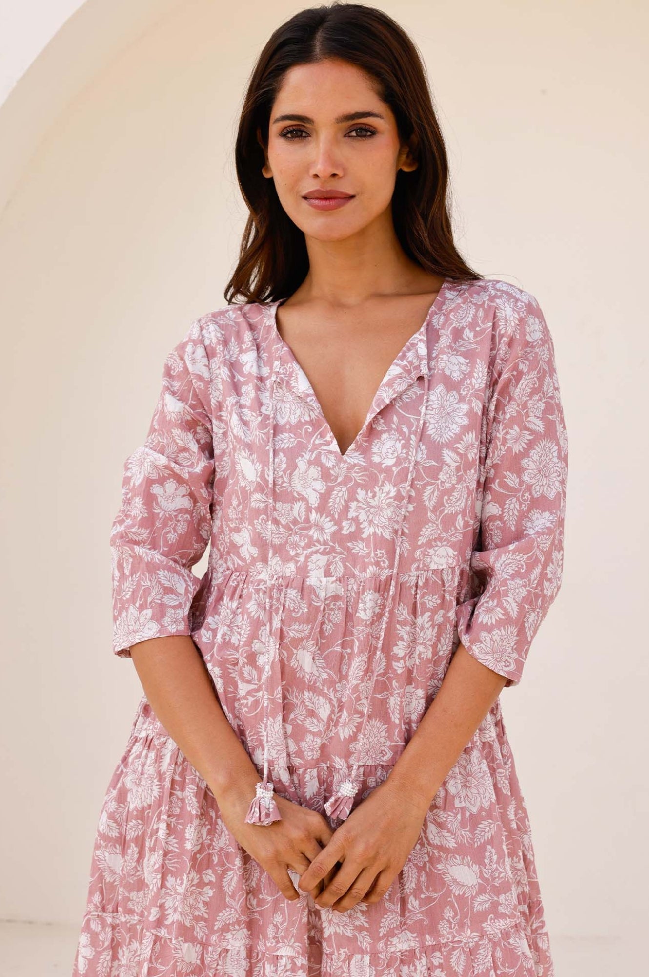 Emma Organic Cotton Dress - Blossom Dusty Pink & White | Flowy Summer Dress for Women | Perfect for Beach, Brunch & Casual Outings