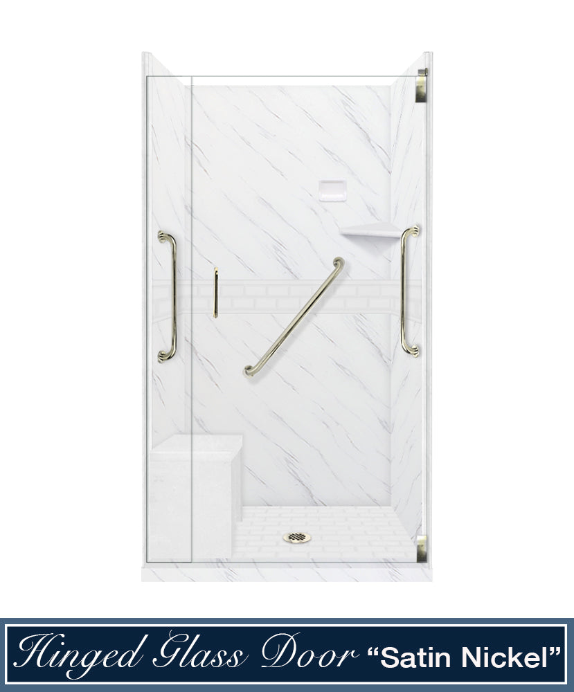 Freedom 60 Alcove DIY Shower Remodel Kit - Carrara Marble & Subway Stone Accent Wall Panel for Bathroom Renovation | Waterproof & Easy Installation | Perfect for Modern Home Upgrades