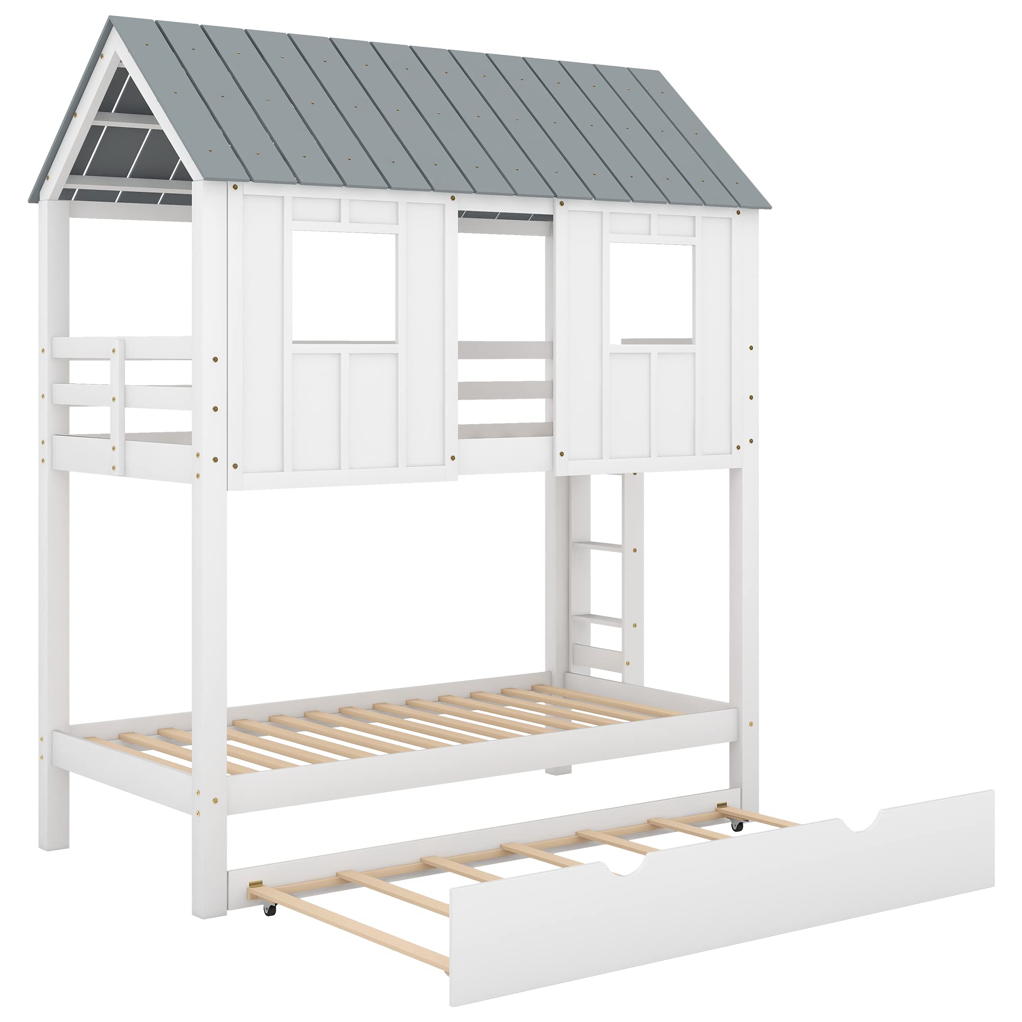 LZ LEISURE ZONE Twin Over Twin Bunk Bed with Trundle - Solid Wood House Style Bed Frame with Roof, Window, Safety Guardrail & Ladder - Perfect for Kids' Bedroom, Guest Room or Vacation Home (White)