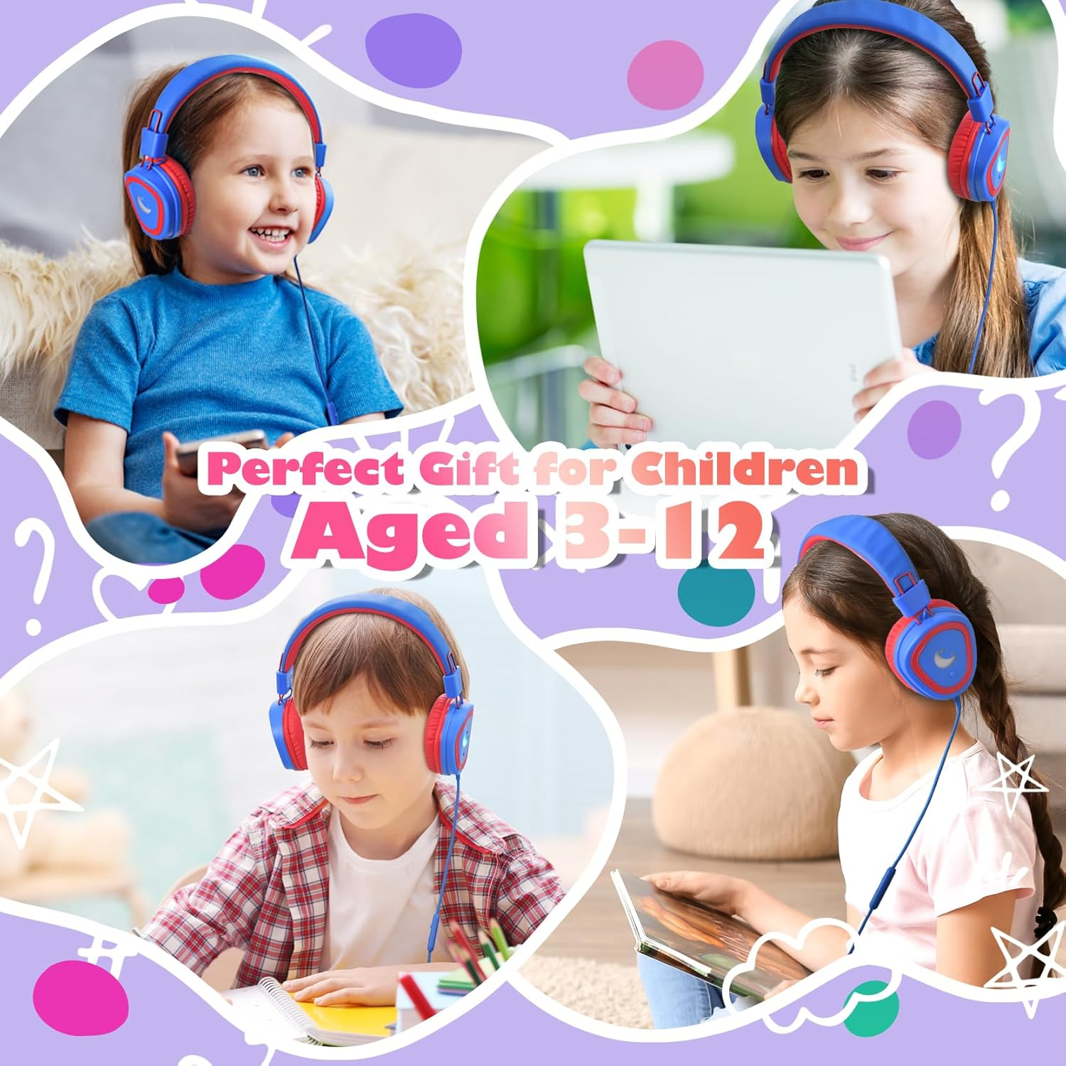 Mpow Kids Headphones with Microphone - USB C Wired LED Light Stereo Headphones, 85/94 dB Safe Volume Foldable Over Ear Headset for School, Home, Boys & Girls - Perfect for Online Classes, Gaming & Tablet Use