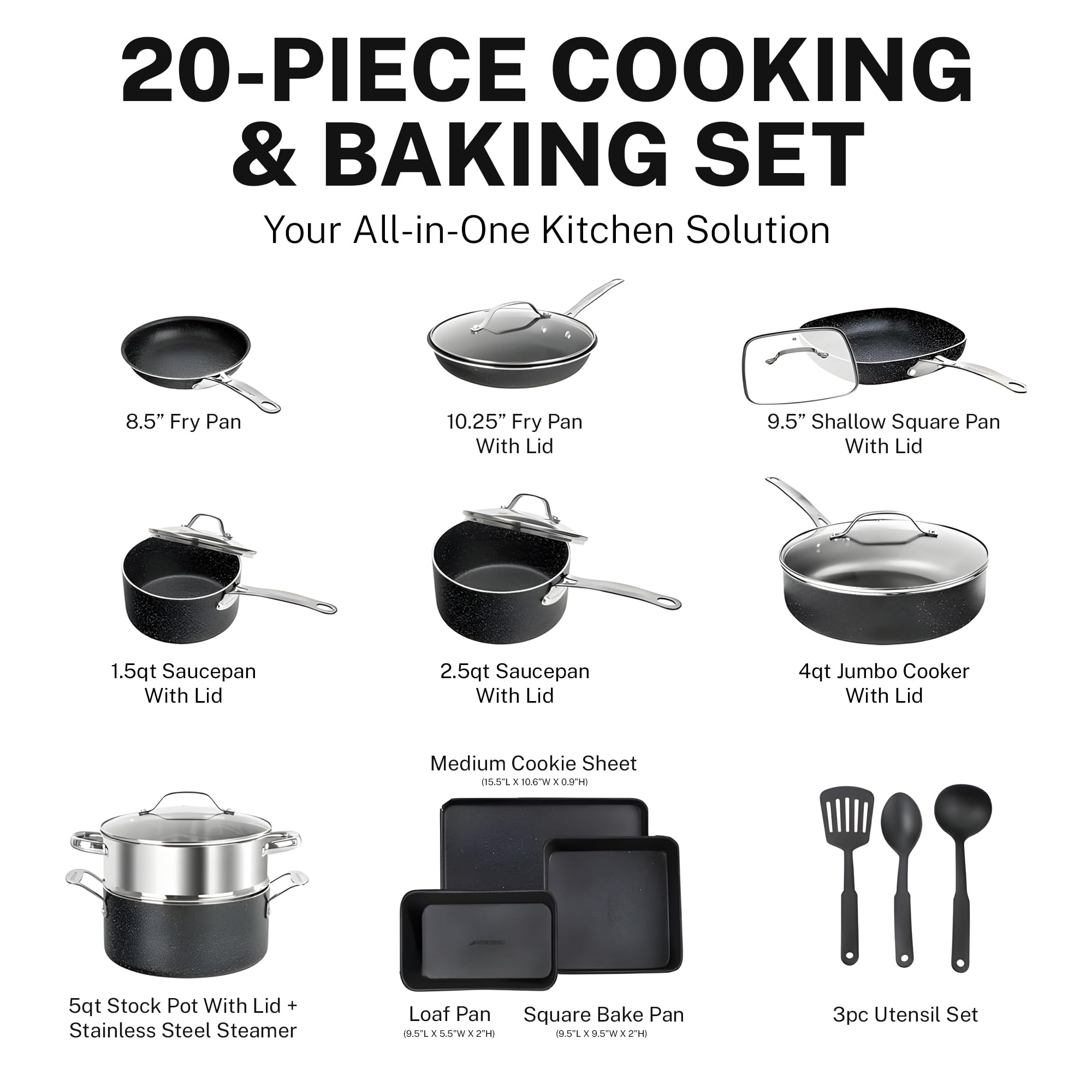 GRANITESTONE 20-Piece Nonstick Cookware Set - Granite & Diamond Coated Pots and Pans, Oven & Dishwasher Safe, Non-Toxic Kitchen Cookware for Baking, Frying & Everyday Cooking