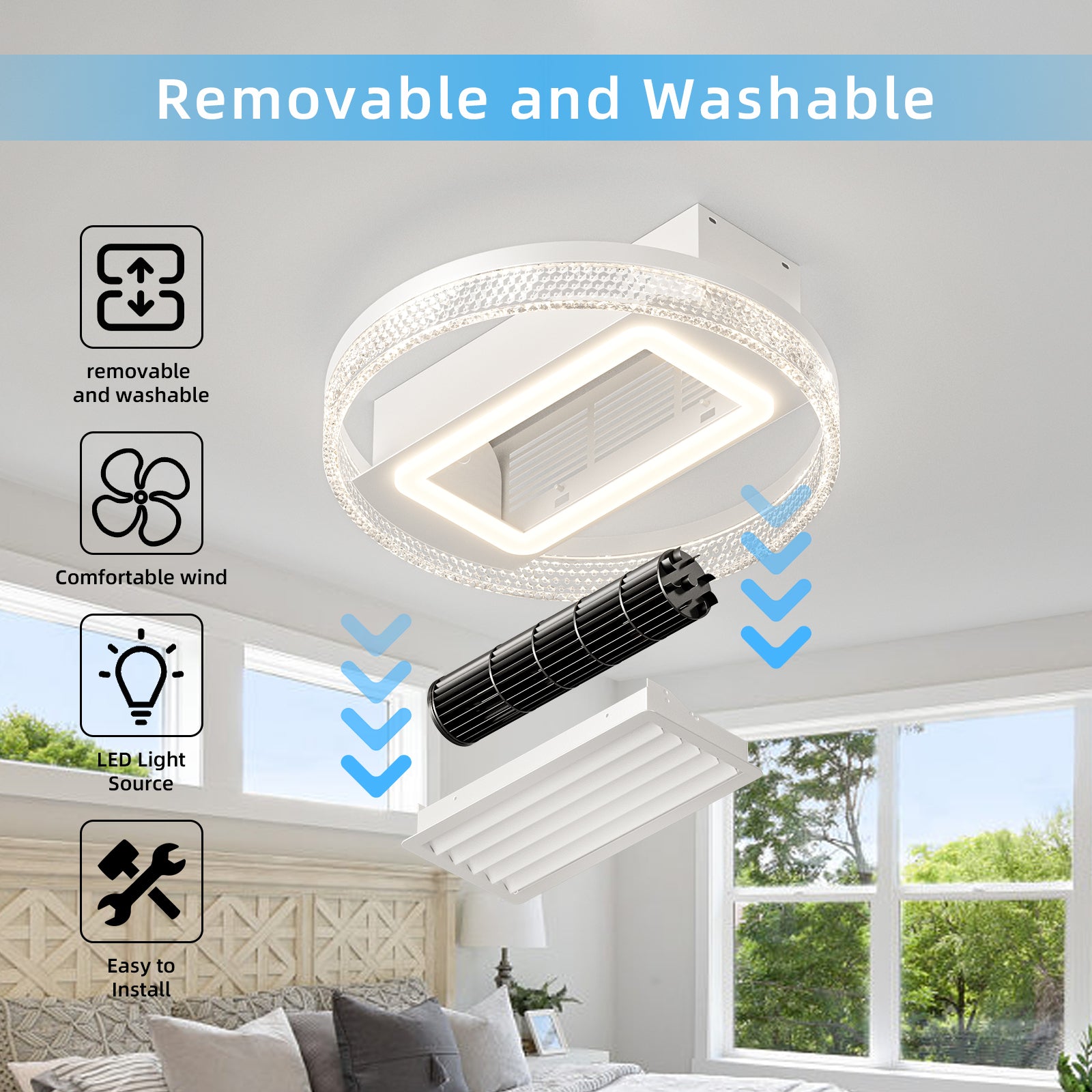 20 Inch Modern Leafless Ceiling Fan with Remote Control - Reversible Motor, Removable & Washable Blades - Perfect for Bedroom, Living Room, and Office Spaces