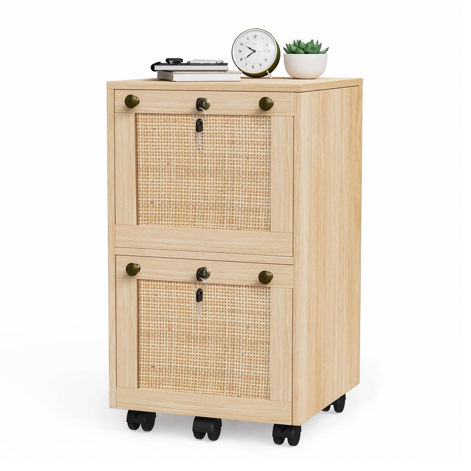 VINGLI 2-Drawer Locking File Cabinet with Wheels - Rolling Office Storage for Home & Workspace, Small Wood Rattan Oak File Organizer Under Desk, Printer Stand for Folders with Tabs - Perfect for Home Office, Study Room & Small Business Organization