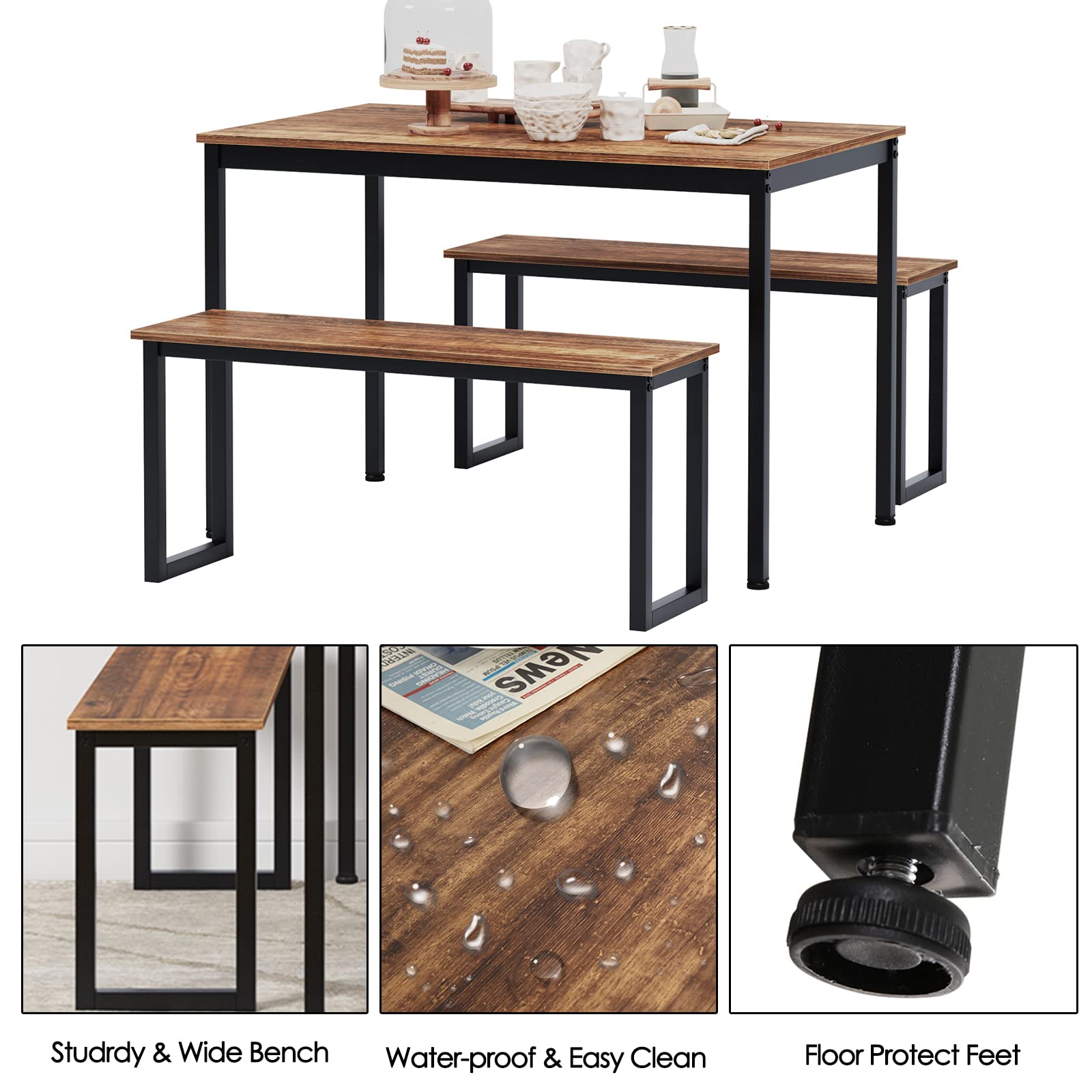 DLANDHOME 4-Piece Industrial Style Wooden Dining Table Set with 2 Benches - Perfect for Small Kitchens, Apartments & Breakfast Nooks | Modern 3-Piece Kitchen Table Set for Dining Room, Coffee Time & Family Gatherings