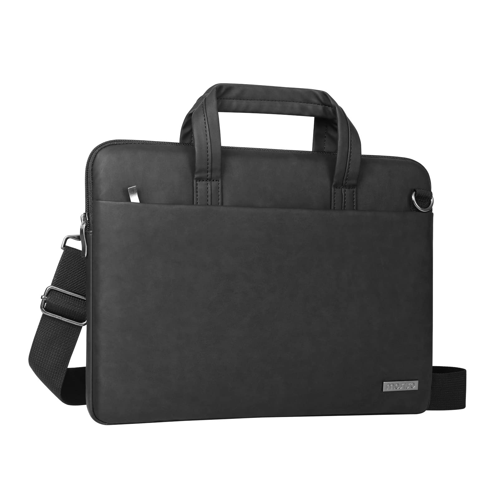 MOSISO Waterproof PU Leather Laptop Shoulder Bag for MacBook Air 13-13.3 inch & MacBook Pro 14 inch 2021-2022 (Model A2442) - Slim Carrying Case with Front Pocket & Adjustable Belt - Perfect for Business Travel, Commuting & College Use - Black