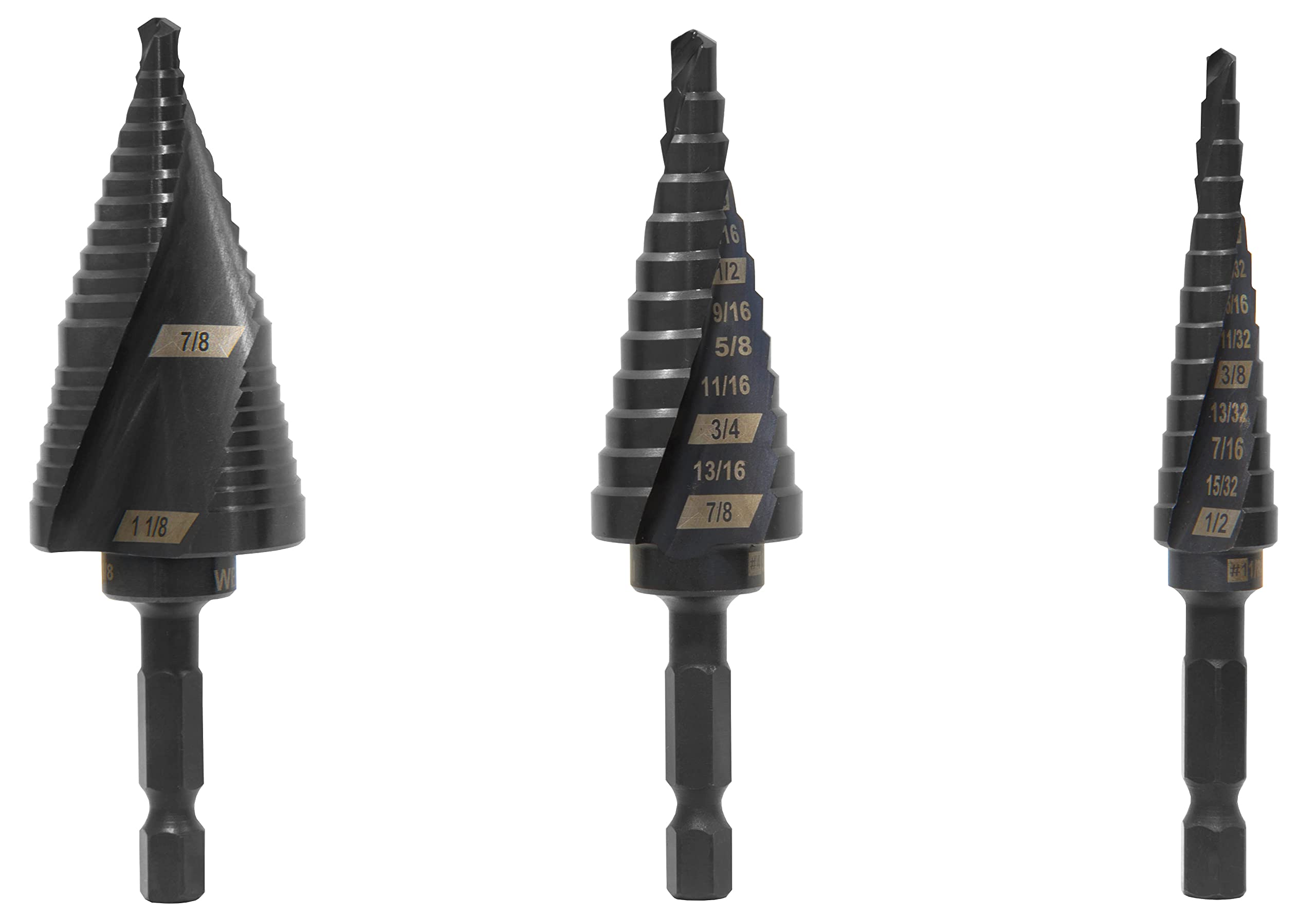 WEN DB149X 3-Piece Titanium Step Drill Bit Set - #1, #4, #9 Sizes for Metal, Wood & Plastic - Perfect for HVAC, Electrical & DIY Projects