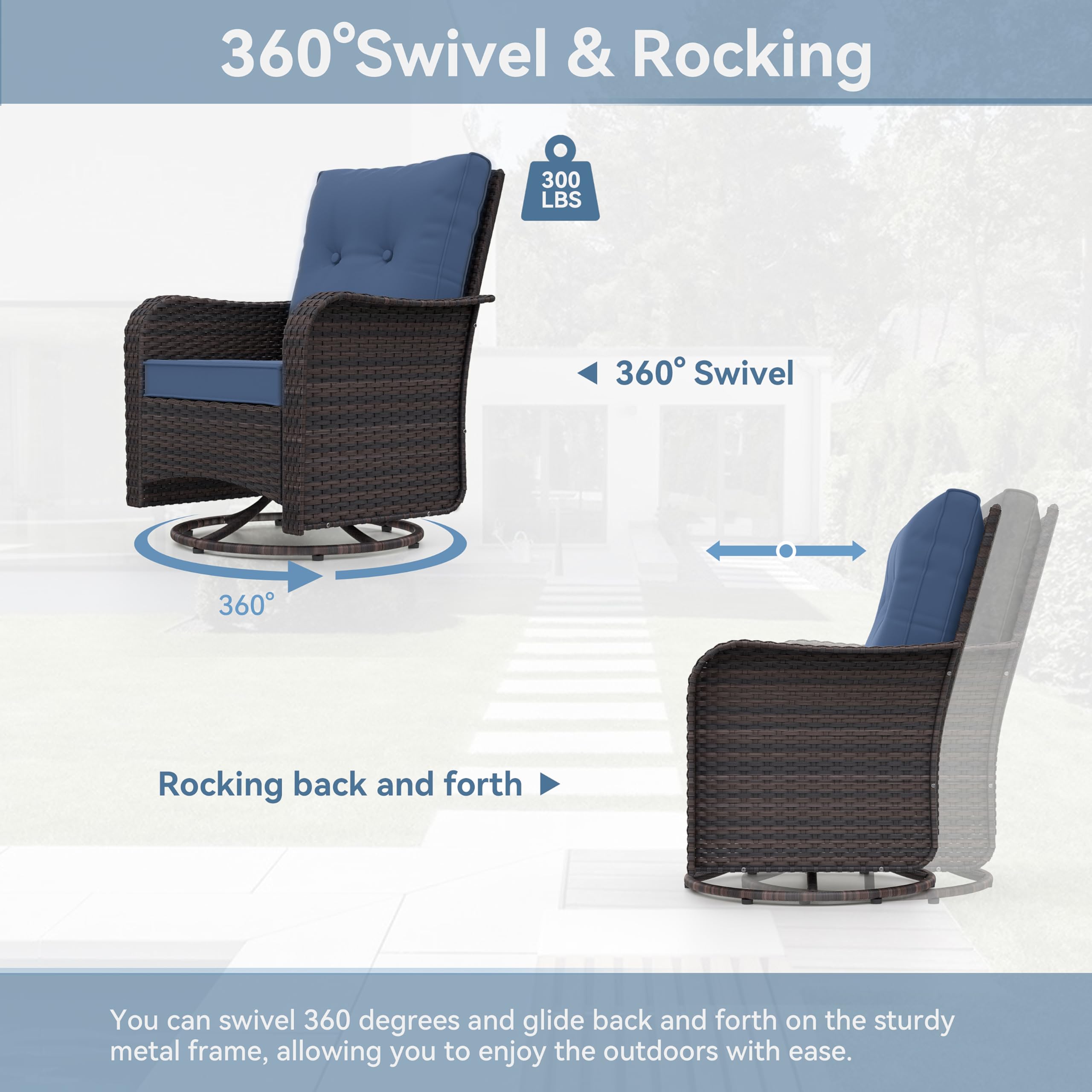 Kurapika 3-Piece Patio Furniture Set - Outdoor Swivel Glider Rocker, Wicker Bistro Set with Rattan Rocking Chair, Tempered Glass Side Table & Thick Cushions (Navy Blue) - Perfect for Garden, Balcony, Backyard & Poolside Relaxation