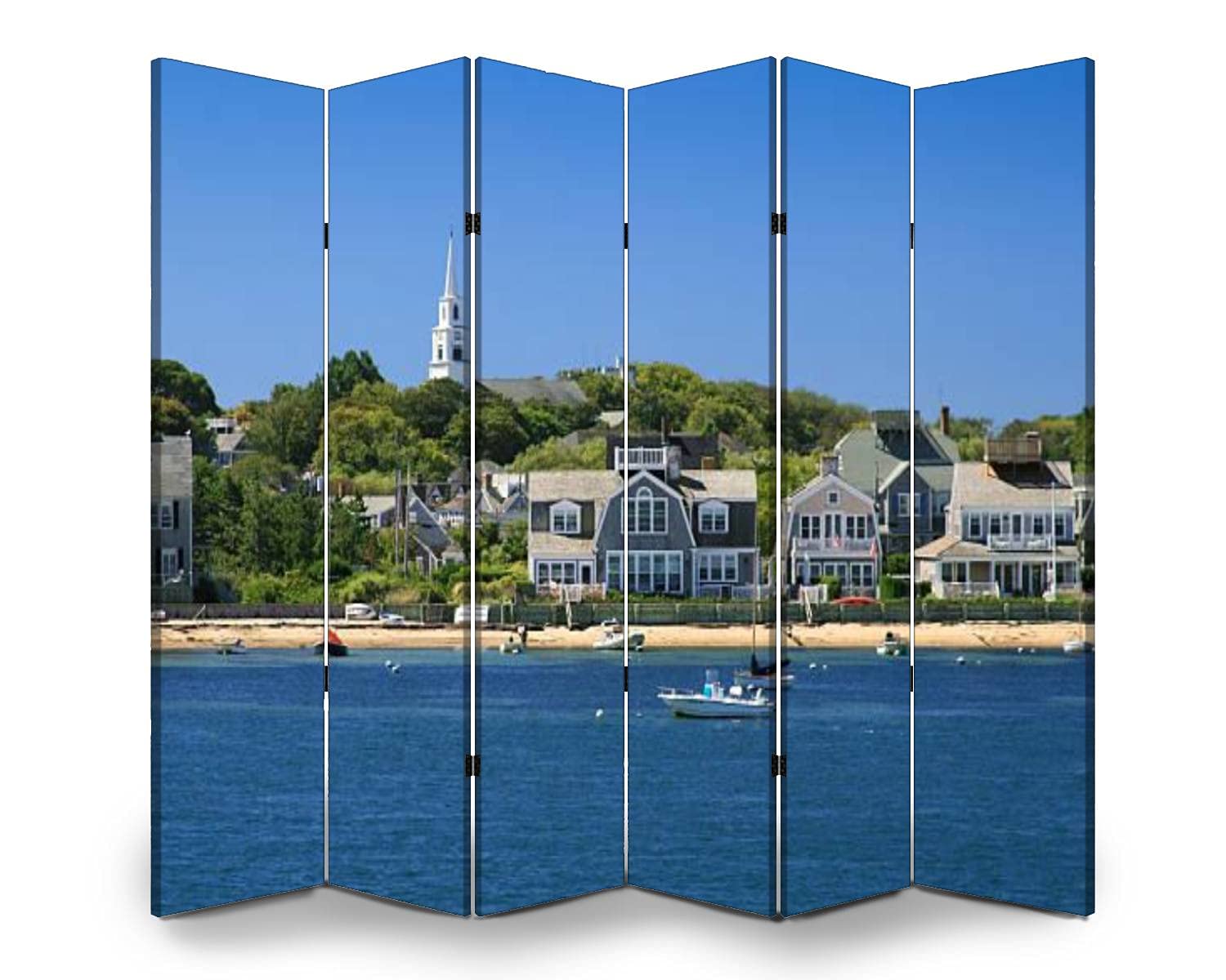 6-Panel Folding Room Divider Screen - Nantucket Island Harbor View with Boats & Waterfront Houses - Freestanding Privacy Partition for Indoor/Outdoor Use - Perfect for Home Office, Bedroom Separation, and Event Space Dividers
