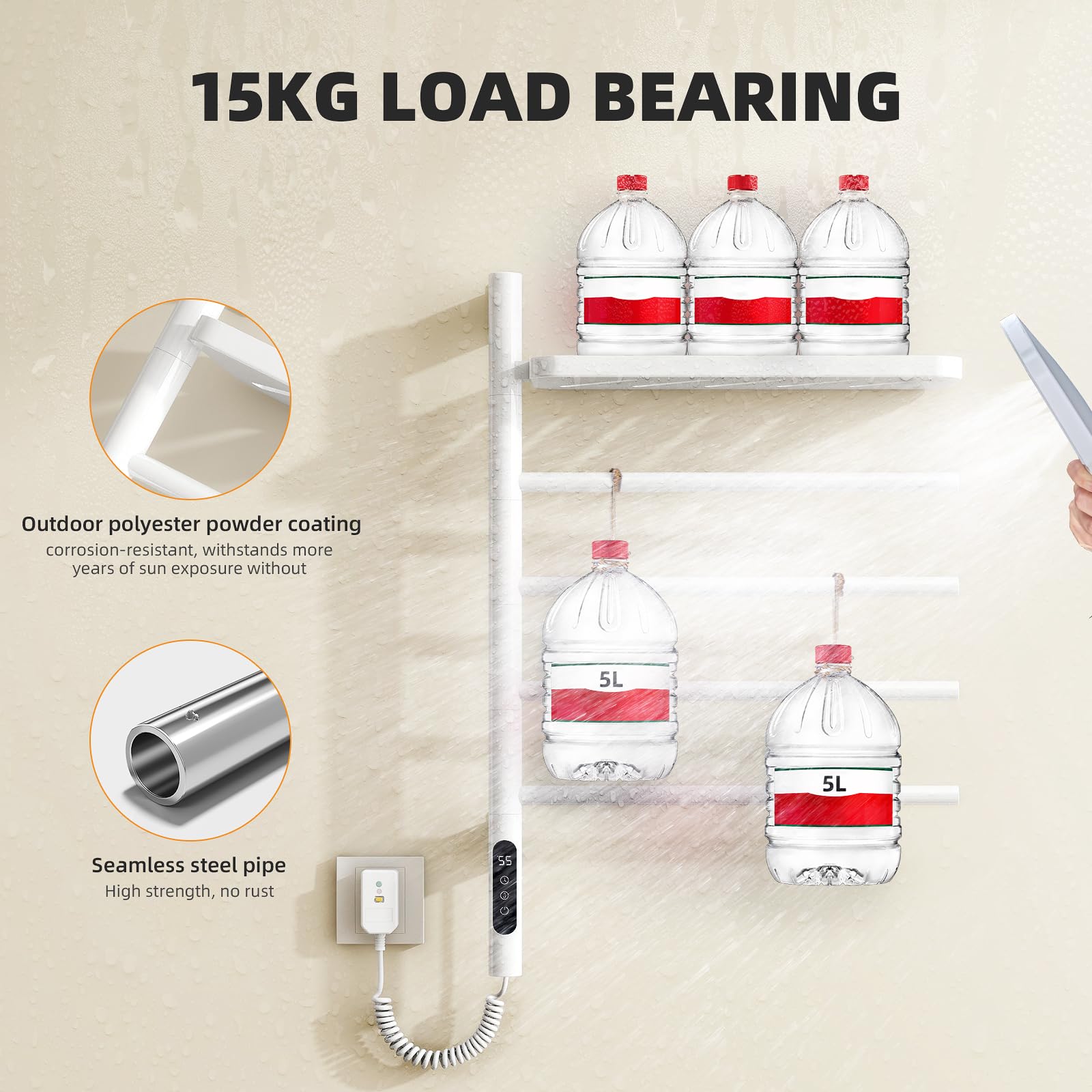 Swivel Heated Towel Rack - Wall Mounted Electric Towel Warmer with 4 Adjustable Round Bars & Built-in Timer, White Bathroom Towel Dryer with Storage Tray - Perfect for Bathrooms, Spas, Salons & Luxury Hotels (G64-White)