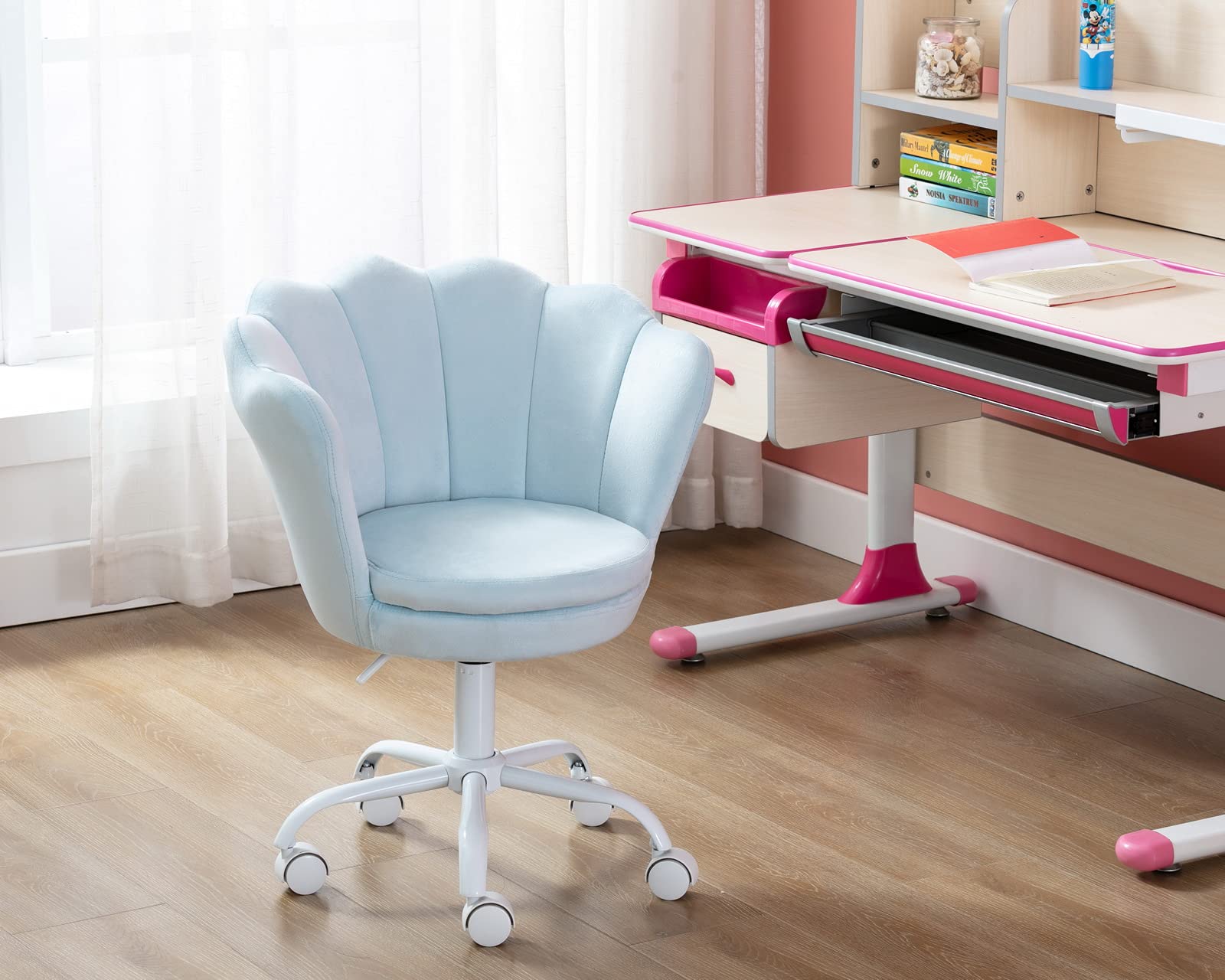 CIMOTA Adjustable Velvet Kids Desk Chair - Light Blue Swivel Shell Vanity Chair for Girls Bedroom & Study Room | Ergonomic Computer Chair for Children | Perfect for Homework, Gaming & Reading