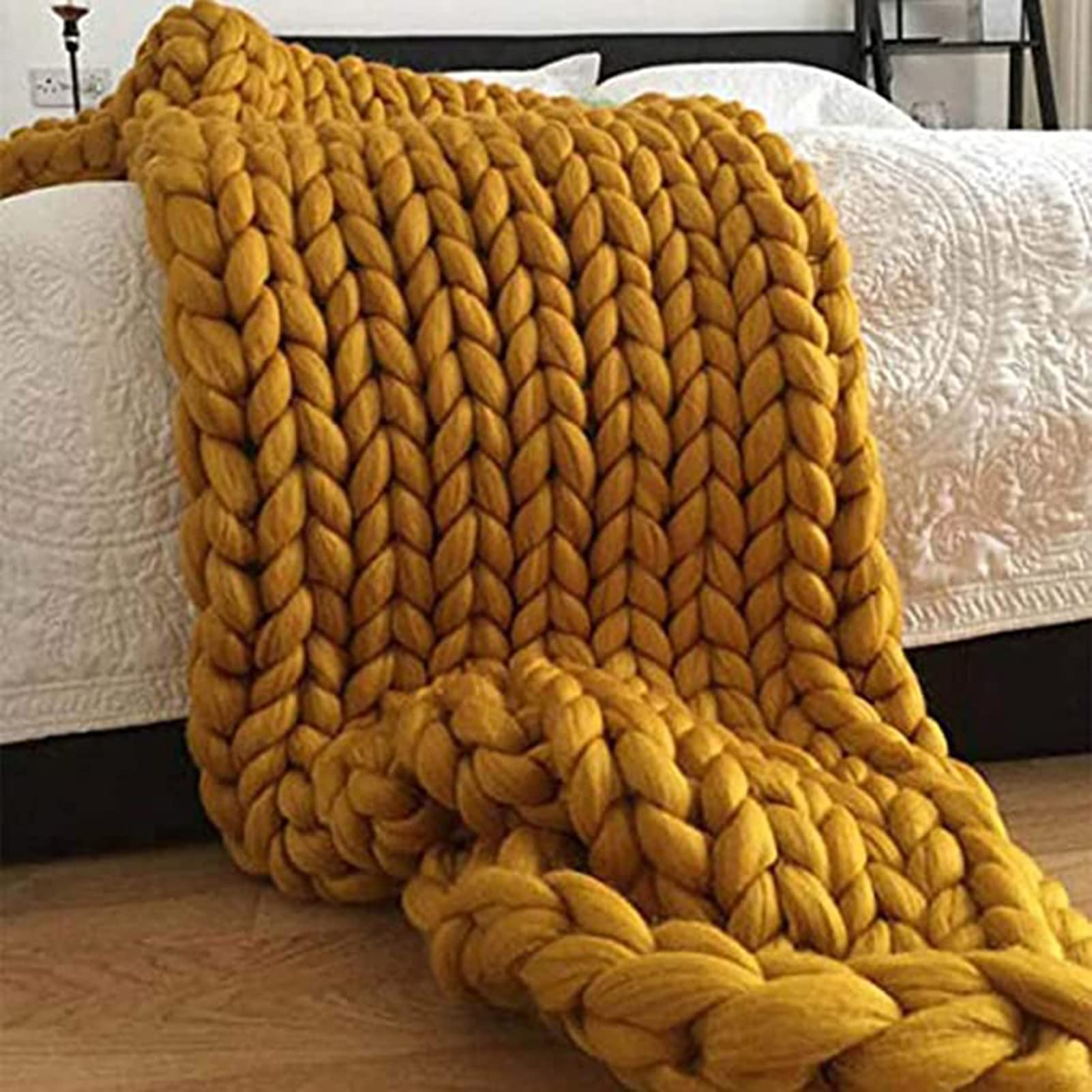 LIERITIYU 59x79 Inch Chunky Knit Blanket - Oversized Hand-Knitted Throw Blanket for Adults, Soft Yarn Blanket for Sofa, Bed & Couch - Perfect for Cozy Nights, Home Decor & Gift (Yellow, 150x200cm)