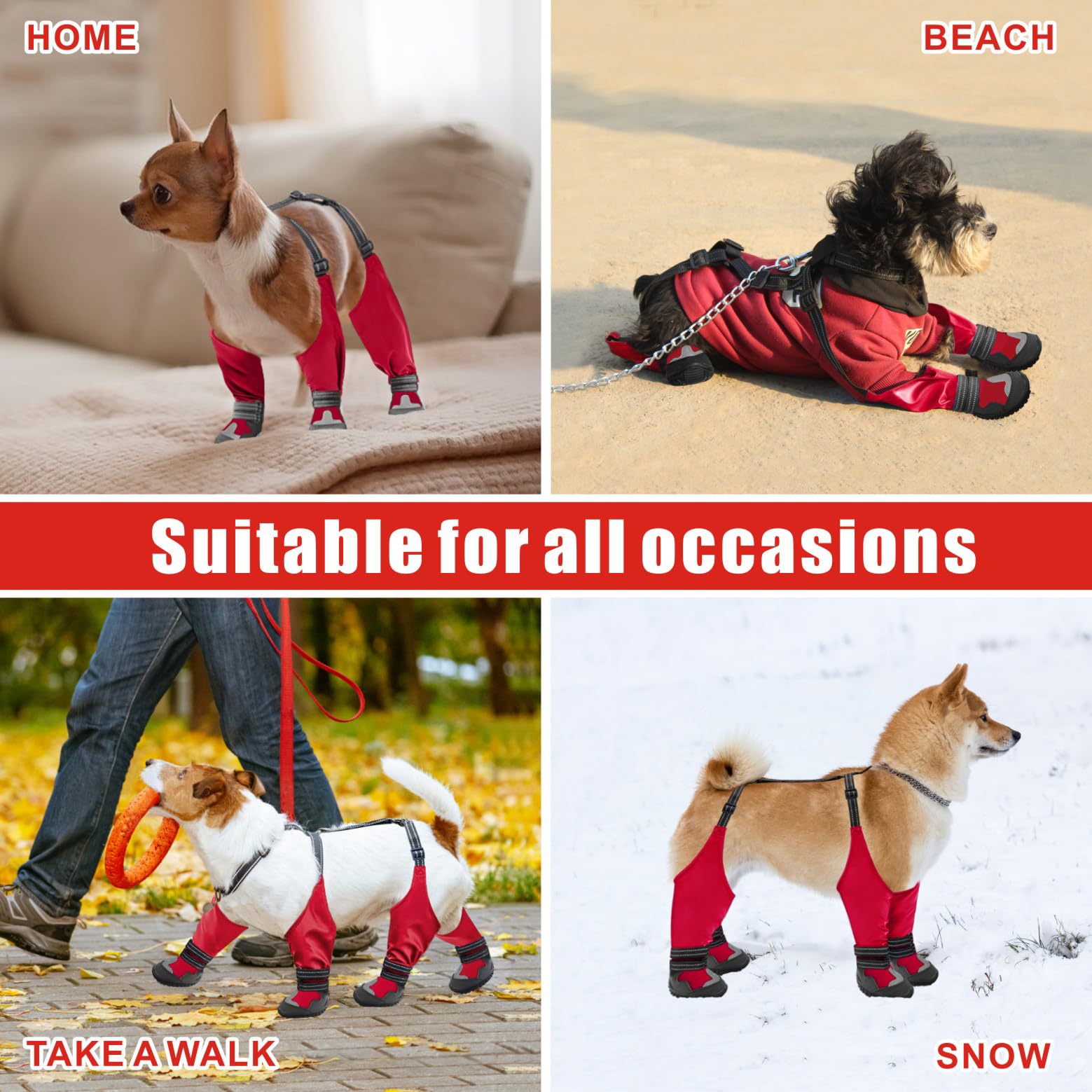 Idepet Dog Suspender Boots - Waterproof Anti-Slip Winter Dog Shoes with Adjustable Straps for Snow, Rain & Hiking - Paws Protection for Small Medium Large Dogs (Red, Size 5) | Perfect for Outdoor Adventures, Winter Walks & Rough Terrain Protection