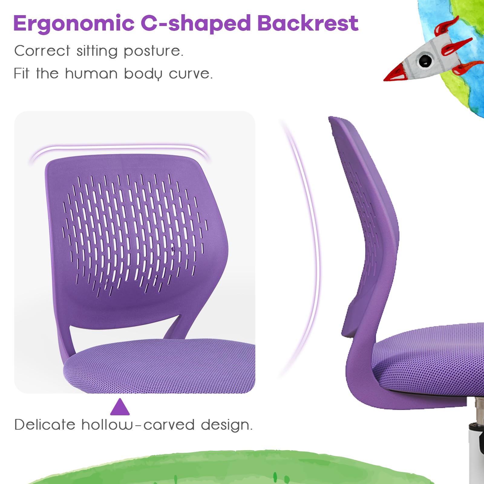 Powerstone Compact Rolling Desk Chair - Adjustable Mid-Back Swivel Office Chair with Wheels, Armless Computer Task Chair for Small Spaces (Purple) - Perfect for Home Office, Study Rooms & Compact Workspaces