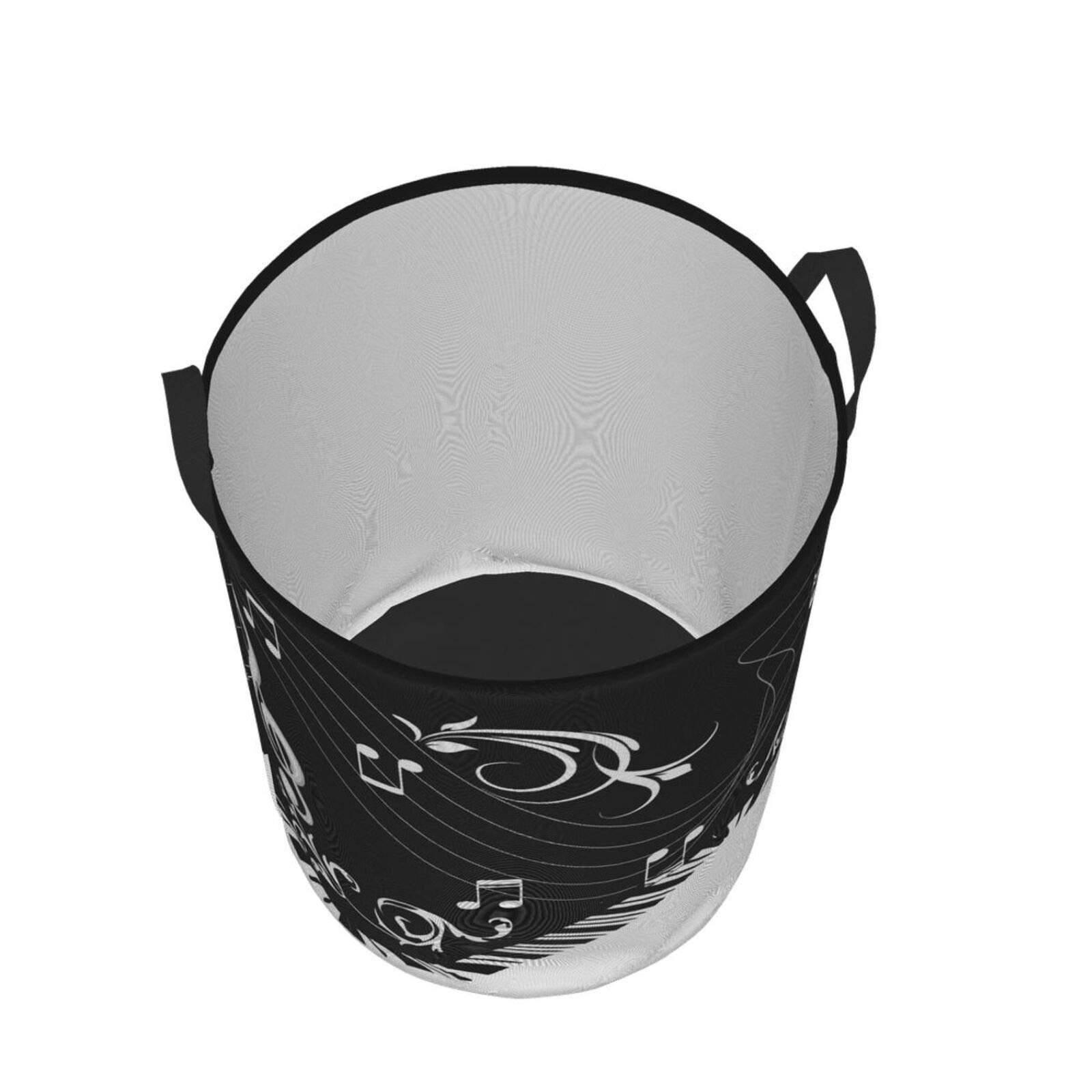 Black Music Notes Collapsible Laundry Basket with Handle - Waterproof Fabric Hamper Organizer for Dirty Clothes, Toys & Bathroom Storage - Perfect for Bedroom, Dorm, Laundry Room & Nursery Organization