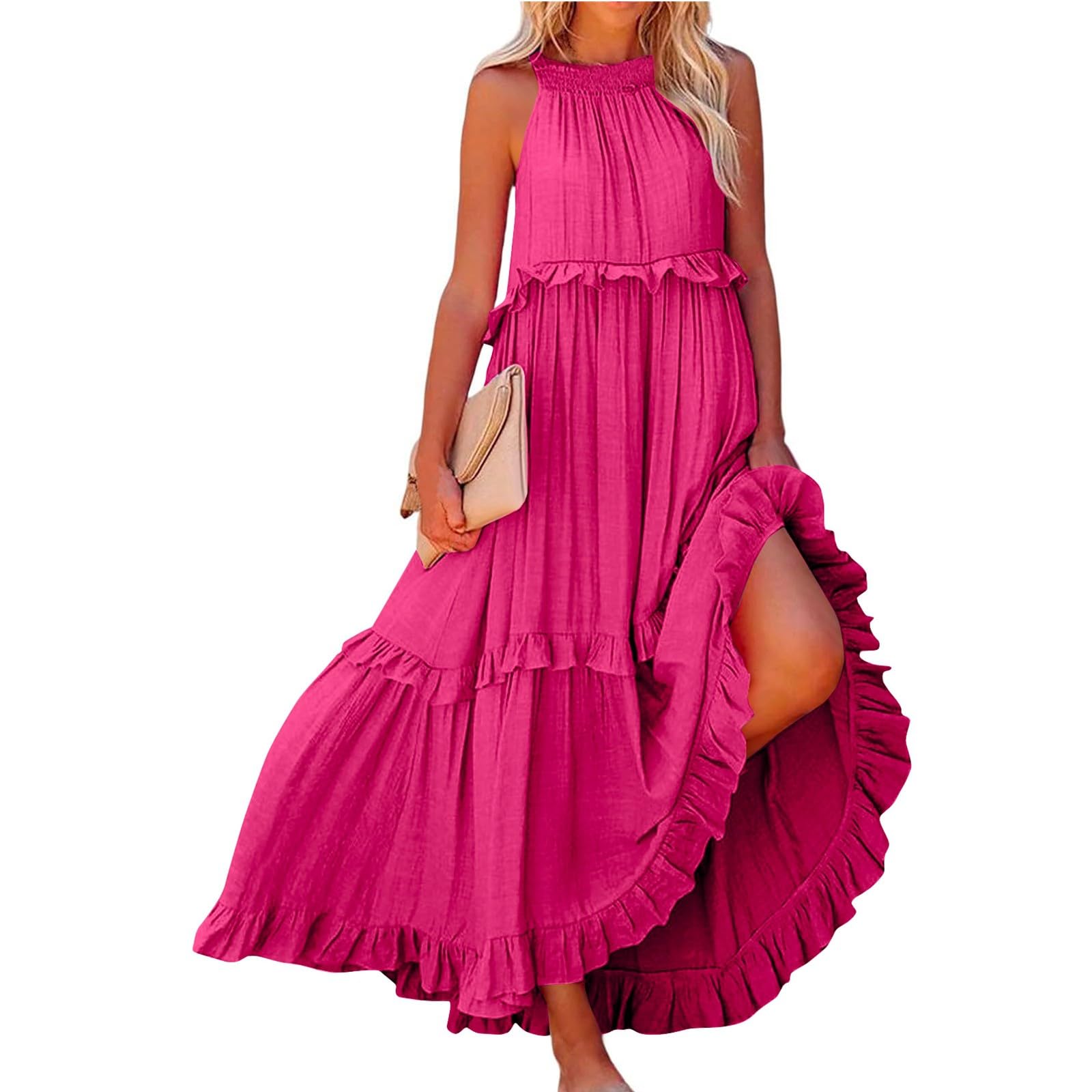 2024 Women's Summer Boho Halter Maxi Dress - Sleeveless Pleated Tiered Swing Dress for Wedding Guest, Beach Vacation & Casual Outings