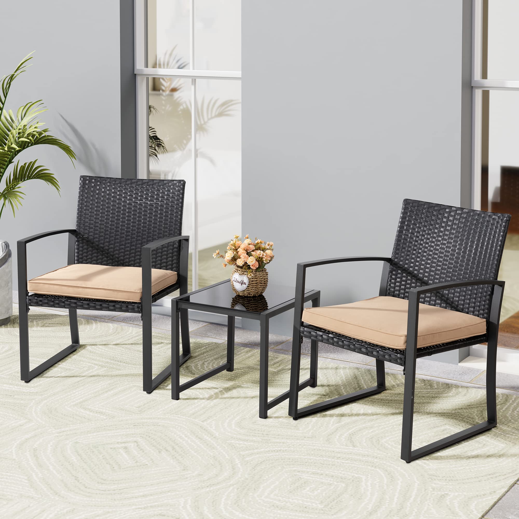 Shintenchi 3-Piece Outdoor Patio Furniture Set - Modern Wicker Bistro Set with 2 Rattan Chairs & Coffee Table - Perfect for Yard, Porch, Poolside, Lawn & Garden (Khaki) | Durable Weather-Resistant Patio Conversation Set for Outdoor Relaxation & Entertaining