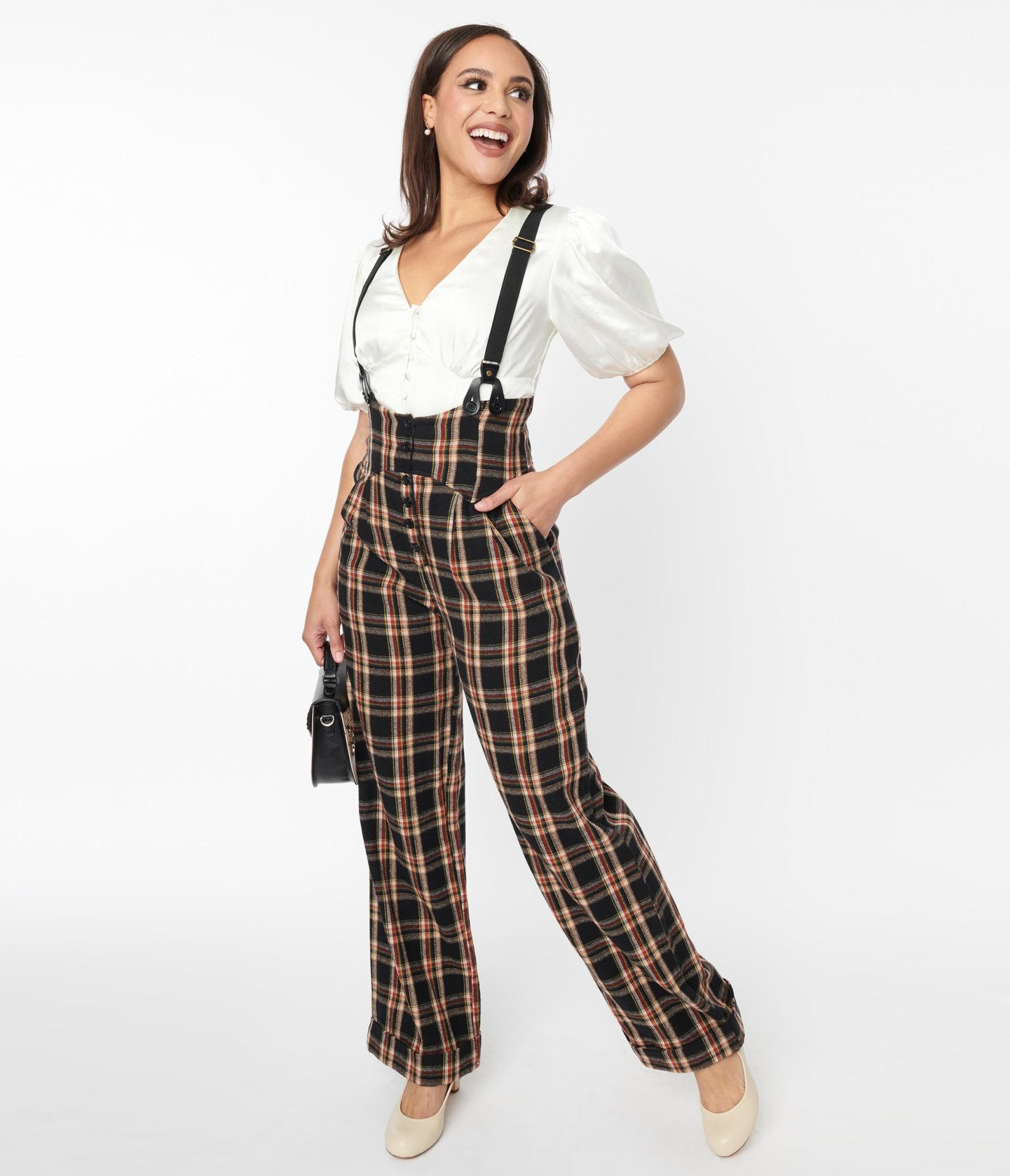 Vintage 1930s Thelma High Waist Suspender Pants - Black & Auburn Plaid Pattern for Women | Retro Fashion, Cosplay, Steampunk Outfits & Historical Reenactment