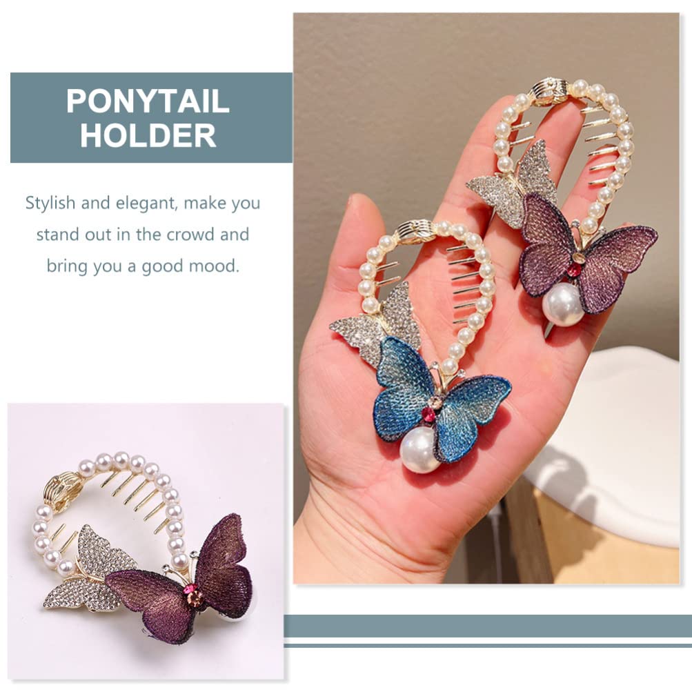 LALAFINA 2-Piece Butterfly Pearl Hair Clips for Women & Girls - Elegant Alloy Hair Barrettes with Meatball Grab Design - Perfect for Parties, Weddings & Daily Hair Accessories (Purple)