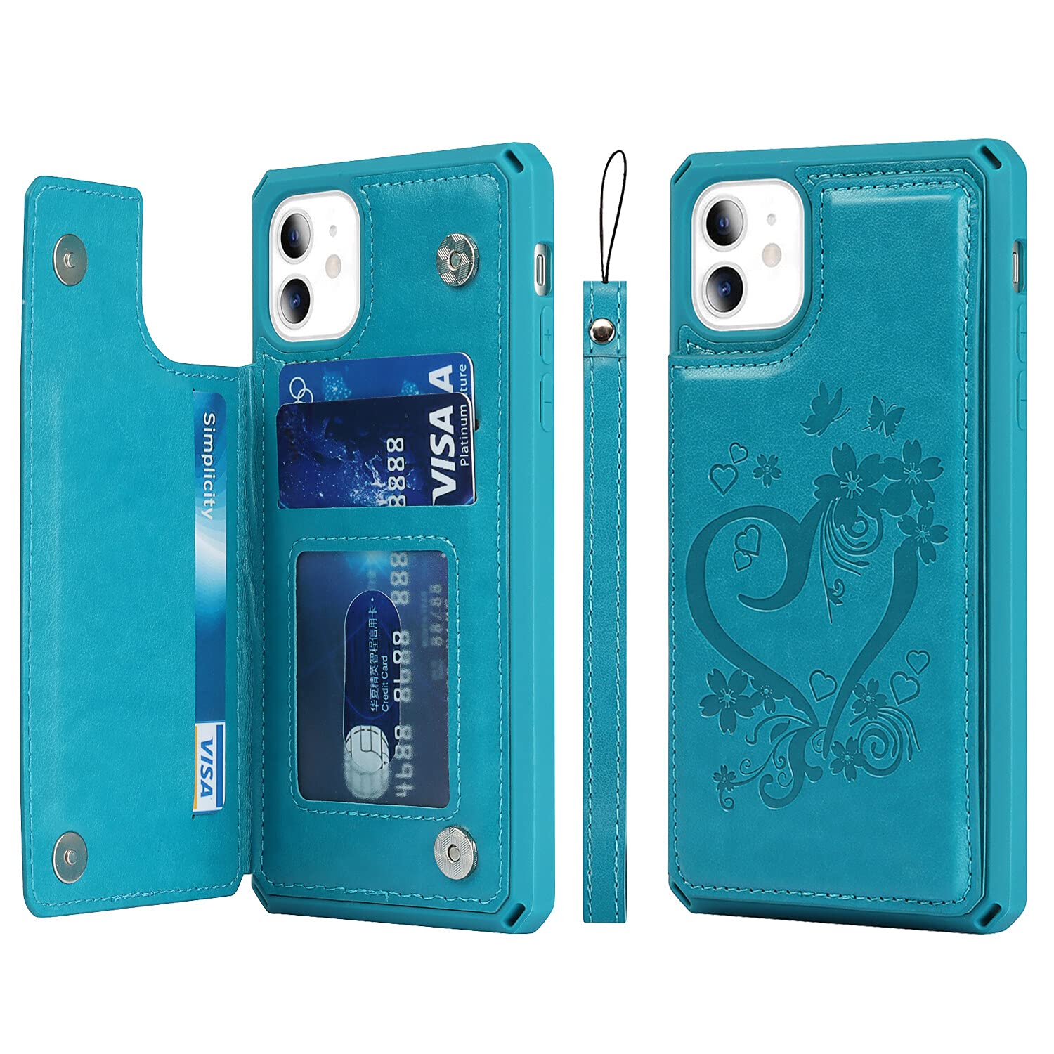 Premium Leather Wallet Case for iPhone 11 with Card Holder & Wrist Strap - Shockproof Protective Cover with Stand Feature (Heart Blue) | Perfect for Everyday Use, Travel, and Hands-Free Convenience