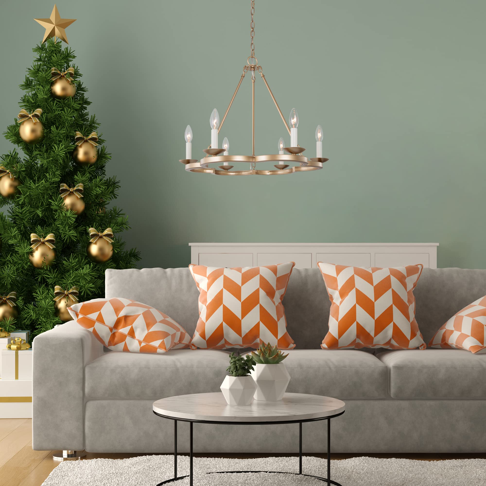 Modern Farmhouse Chandelier - Gold Wagon Wheel Ceiling Light Fixture with 6 Lights, Rustic Dining Room Chandelier for Farmhouse, Living Room & Bedroom Decor | Perfect for Country Homes, Restaurants and Cabin Lighting