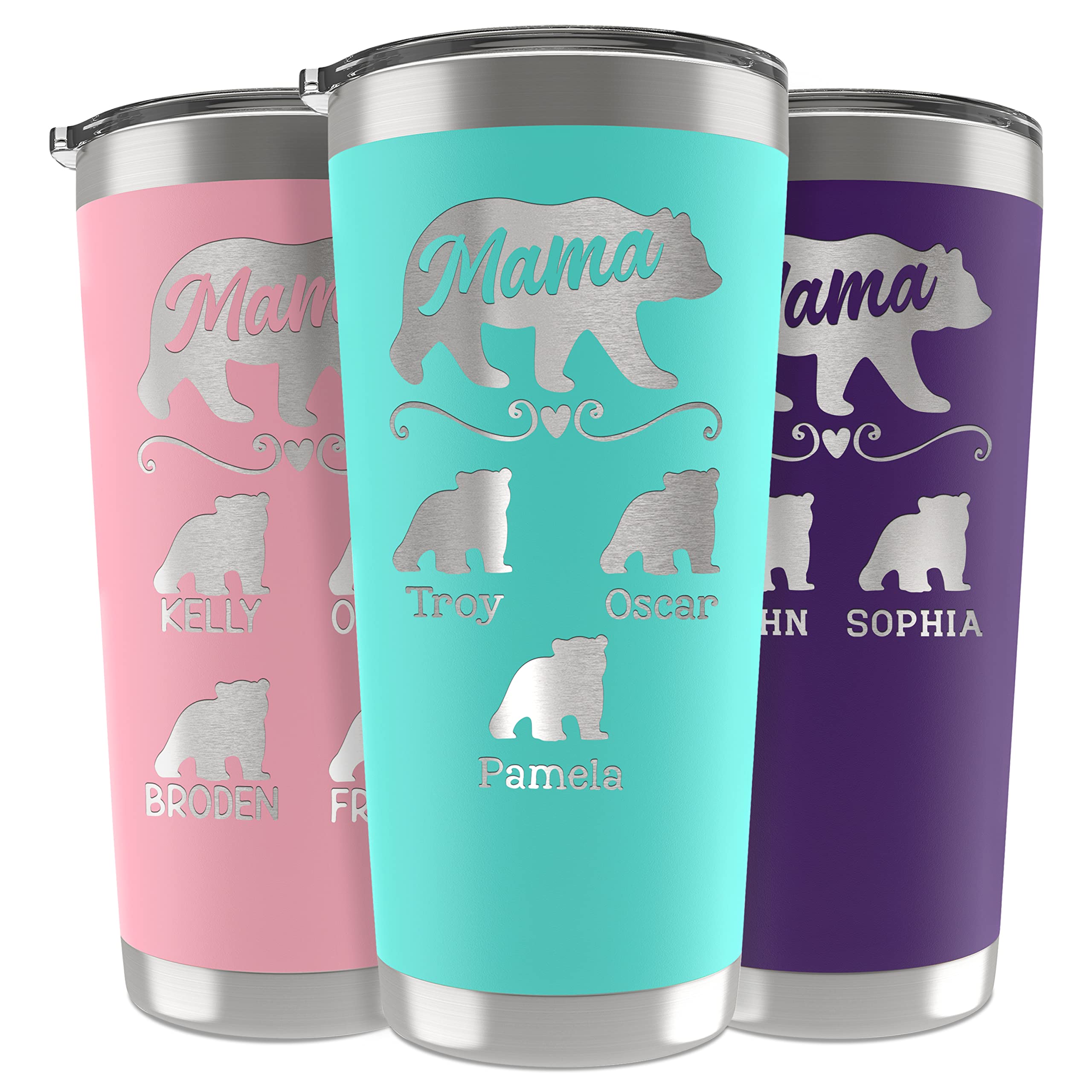 Personalized Mama Bear Tumbler - 20oz & 30oz Custom Mom Cup with 13 Color Options - Engraved with Up to 5 Kids' Names - Perfect Mother's Day Gift from Daughter or Son - Ideal for Coffee, Tea & Daily Hydration