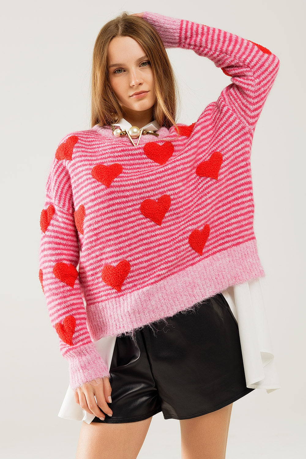 Pink Striped Pullover with Red Hearts - Cozy Casual Sweater for Women, Perfect for Valentine's Day, Date Nights & Winter Layering