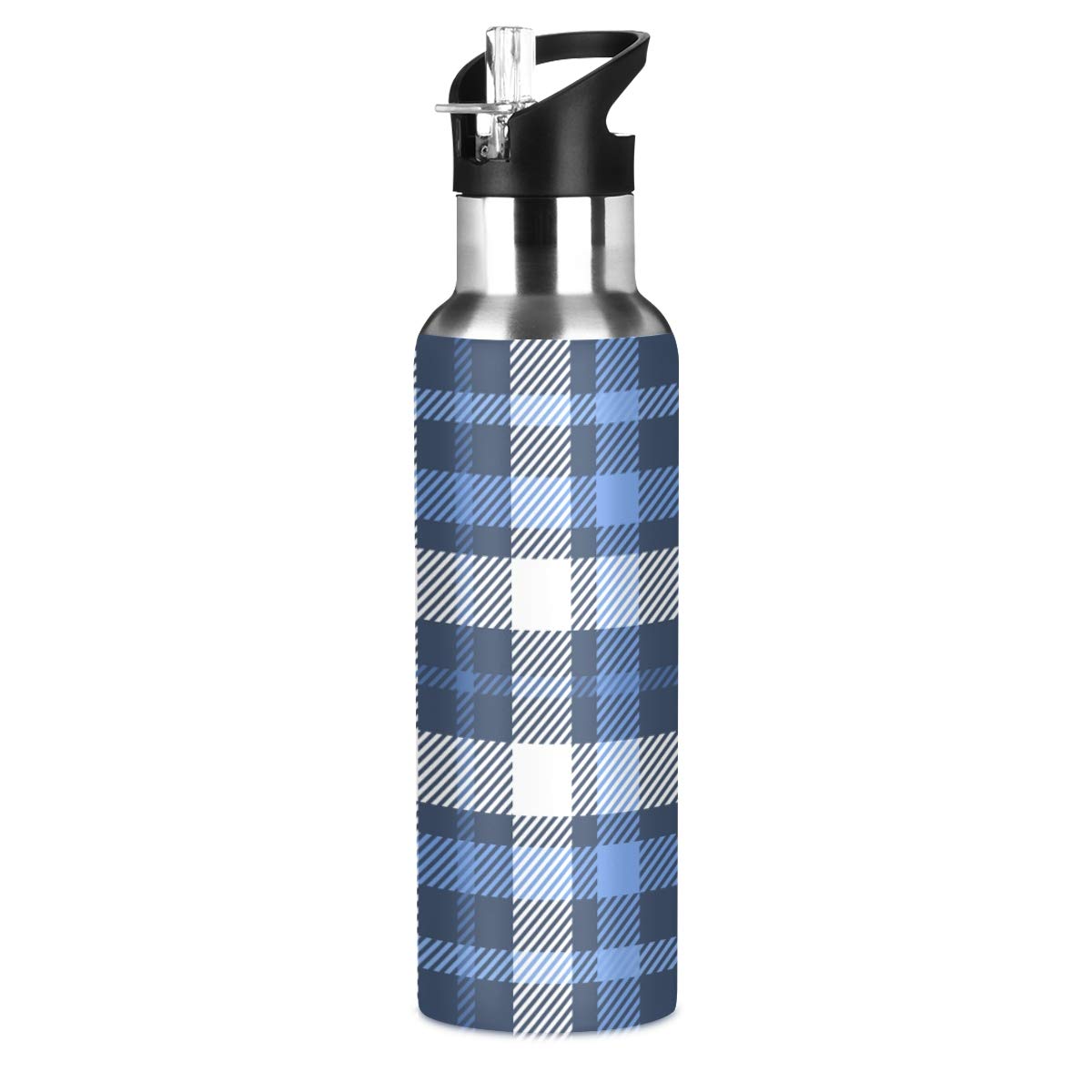 Qilmy 20oz Stainless Steel Vacuum Insulated Water Bottle with Straw Lid - Leakproof Thermo Flask for Gym, Hiking & Outdoor Activities | Plaid Design Sport Water Bottle