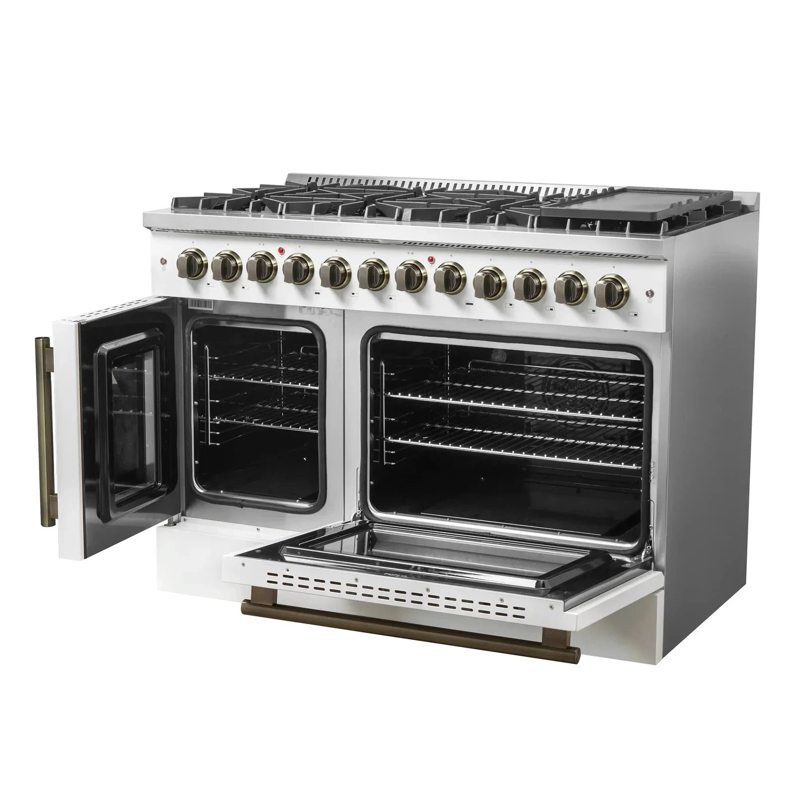 Forno Galiano 48-Inch French Door Dual Fuel Range - 8 Burner Gas Cooktop with Electric Convection Oven - White Antique Brass Trim (Model FFSGS6356 48WHT) - Perfect for Gourmet Kitchens & Professional Chefs