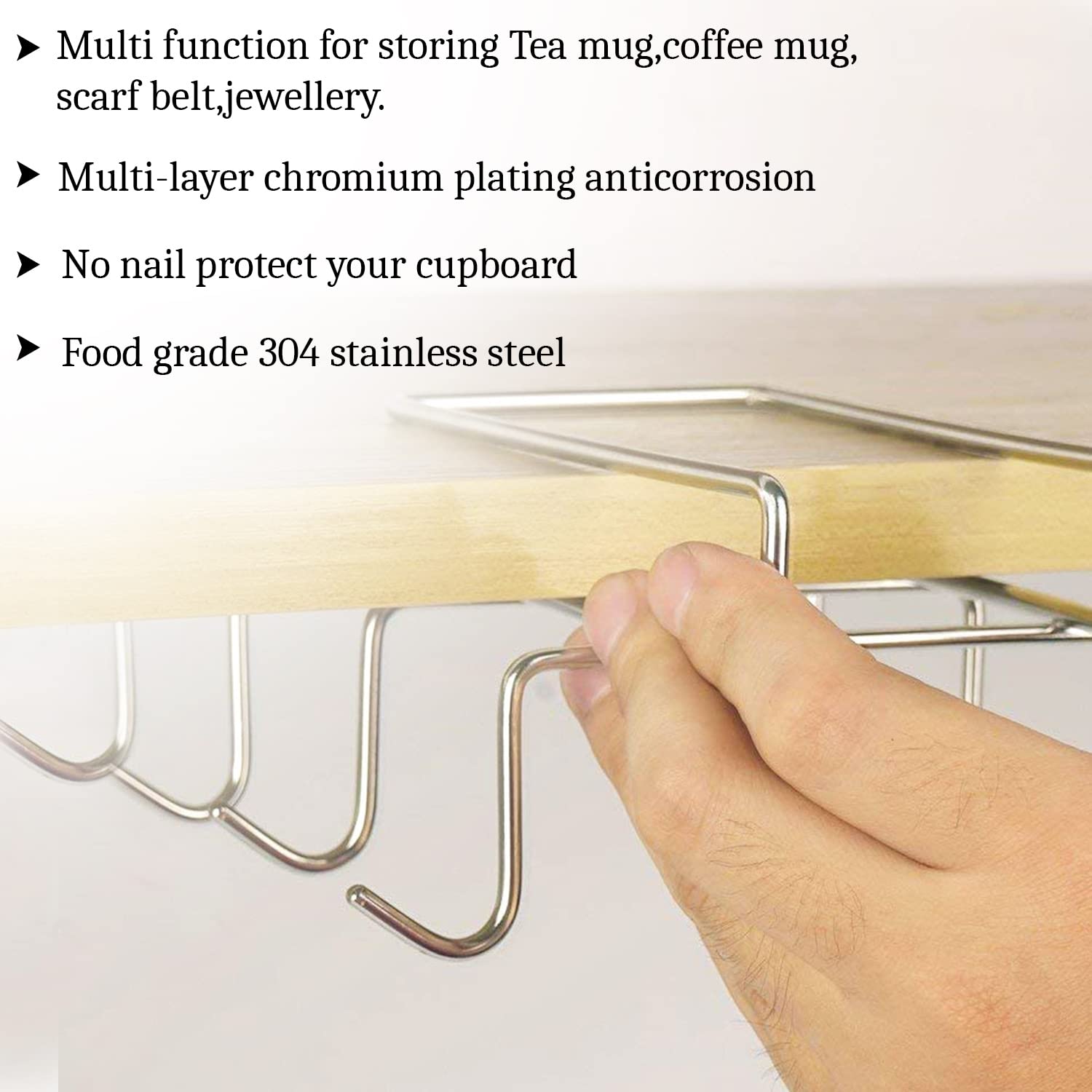 MohRee Stainless Steel Cup Holder Stand - 10 Hook Kitchen Organizer for Coffee Mugs & Tea Cups - Space Saving Under Shelf Hanger Rack - Perfect for Small Kitchens, Coffee Bars and Office Break Rooms