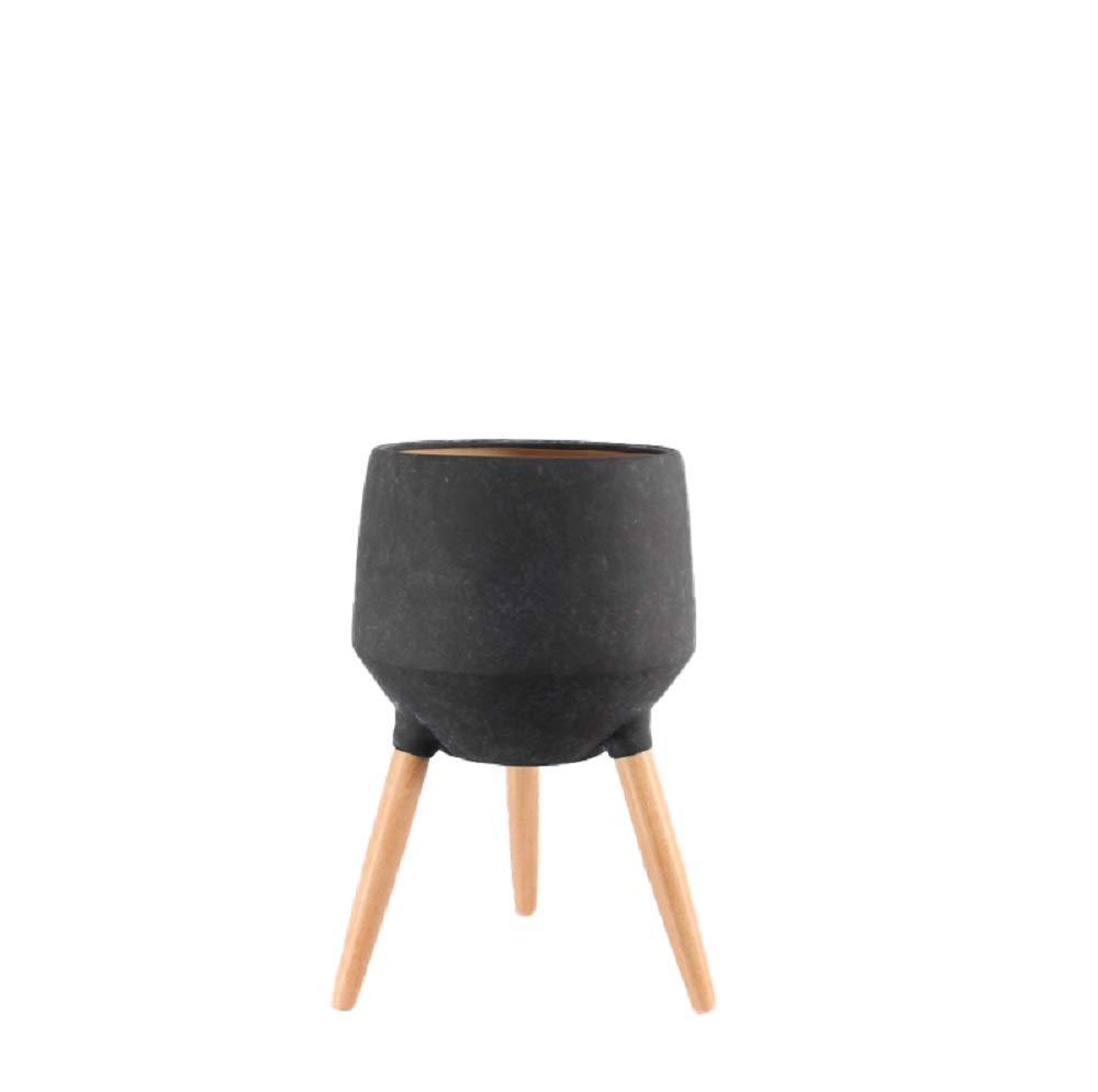 Serene Spaces Black Ceramic Plant Stand with Beech Wood Legs - 21.75