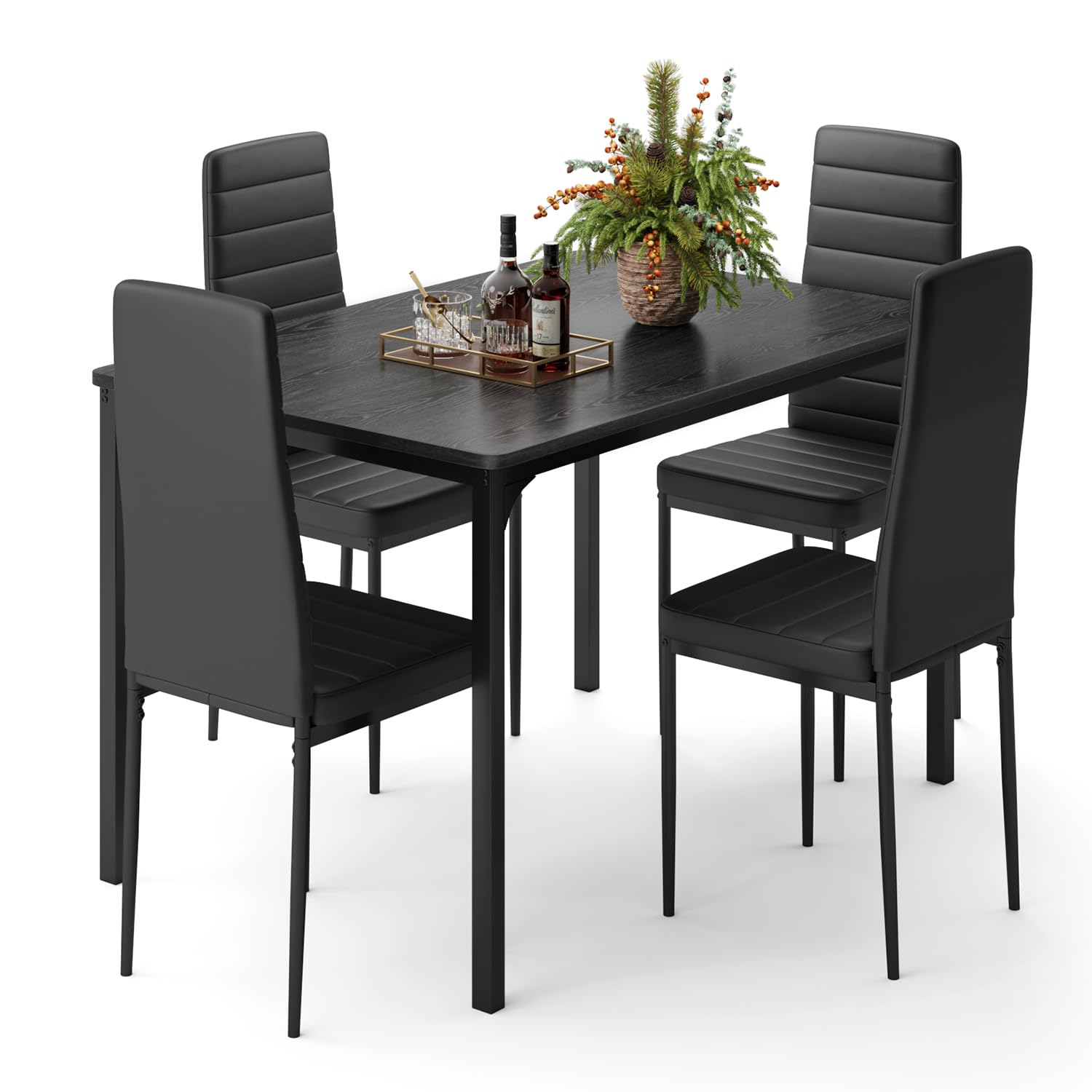 5-Piece Gizoon Dining Table Set for 4 with Upholstered PU Leather Chairs - Kitchen & Dining Room Table Set for Small Spaces, Apartments, Living Rooms - Perfect for Family Meals, Entertaining Guests & Compact Home Decor (Black)