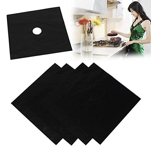 4-Pack Reusable Square Gas Hob Protector Liners - Silver Foil Stove Burner Cover Mats for Easy Cleaning & Cooktop Protection | Ideal for Kitchen Safety & Gas Stove Maintenance
