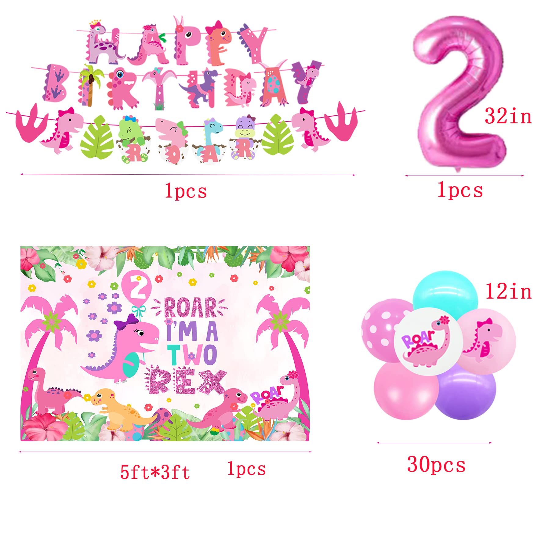 Pink Dinosaur 2nd Birthday Party Decorations for Girls - Two Rex Theme Party Supplies - Perfect for 2 Year Old Birthday Celebrations, Baby Showers & Dinosaur Themed Events
