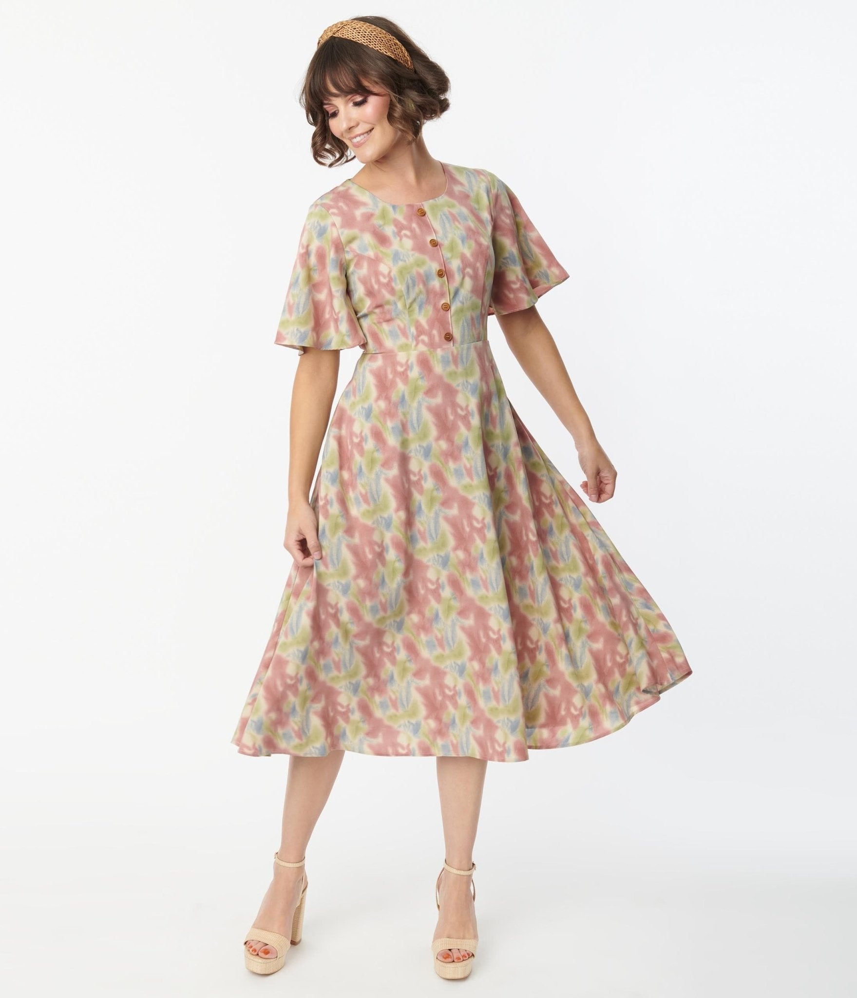 Stylish Pink & Blue Watercolor Print Midi Dress for Women | Flowy Summer Festival Outfit | Perfect for Beach Vacations, Music Festivals & Date Nights