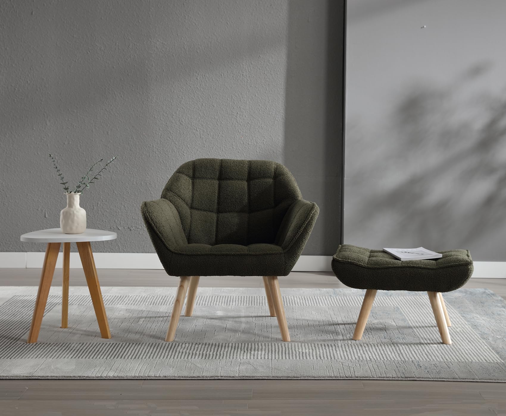 Sherpa Accent Reading Chair with Ottoman - Modern Fuzzy Upholstered Armchair with Wood Legs - Comfortable Lounge Chair for Small Spaces - Perfect for Living Room, Bedroom & Book Nook - Green - Cozy Reading Spot & Relaxation Corner