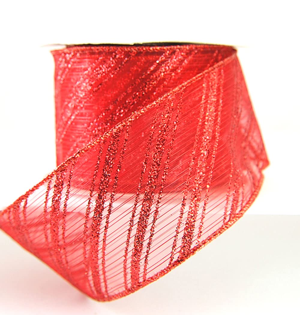 Wired Ribbon 2.5 Inch Wide - 10 Yards Red Sheer with Glitter Stripes for Gift Wrapping, Christmas Decorations & Craft Projects