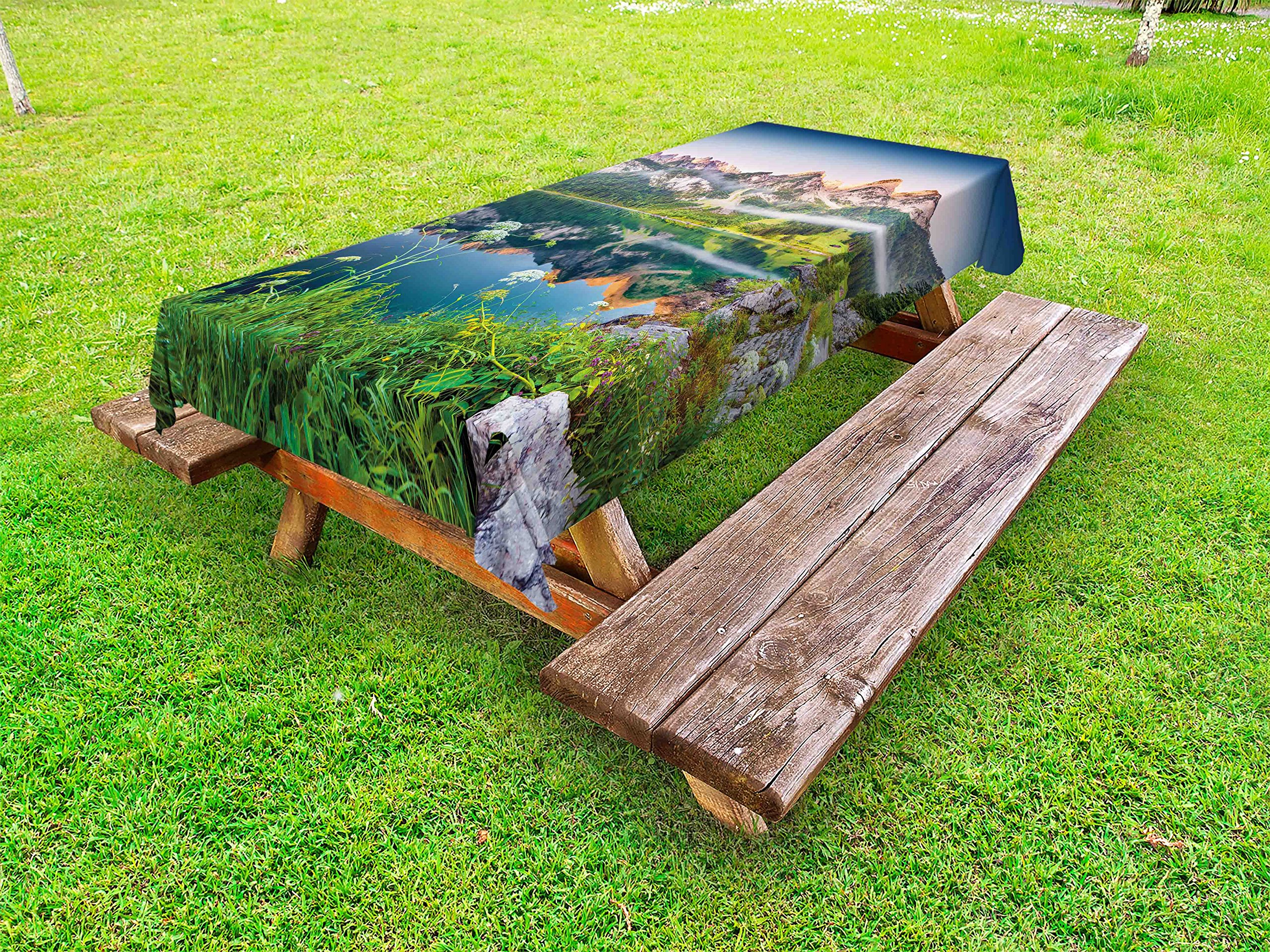 Ambesonne Waterproof Outdoor Tablecloth - Misty Summer Morning Austrian Alps Lake Landscape Print, 58