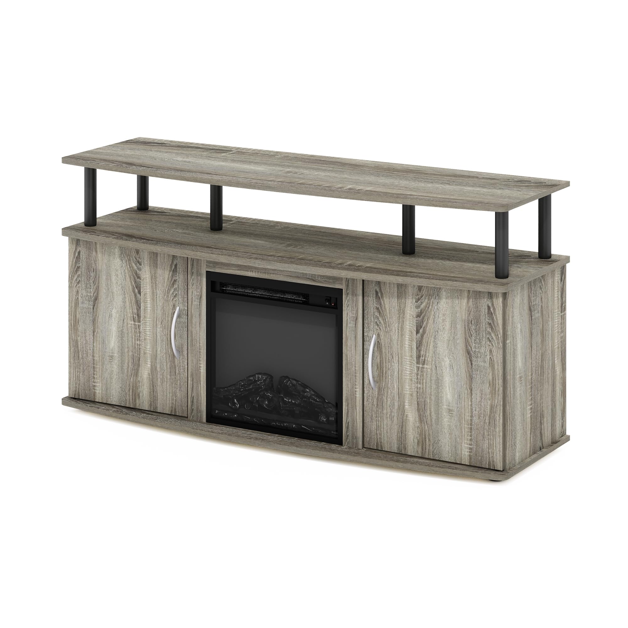 Furinno Jensen 55 Inch TV Stand with Fireplace Design, Storage Cabinet & Doors - French Oak Grey/Black - Perfect for Living Room Entertainment Centers & Home Theater Setups