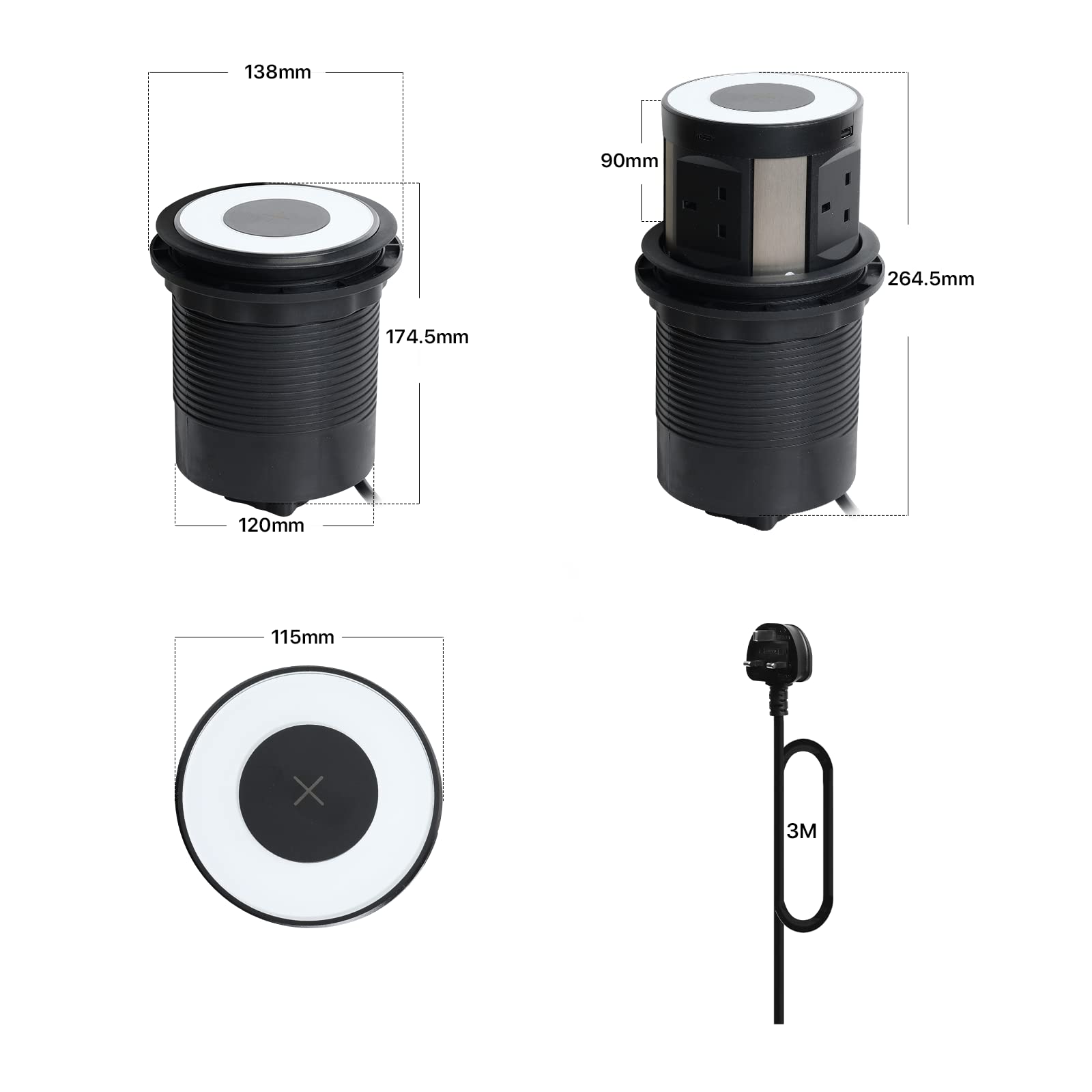 Automatic Pop Up Power Socket - 13A 4 Gang Outlet with 2 USB C & 2 USB A Ports + QI Wireless Charger - 3m Extension Cable for Kitchen Countertops, Office Desks & Workstations (Black) | Perfect for Home, Office & Commercial Spaces
