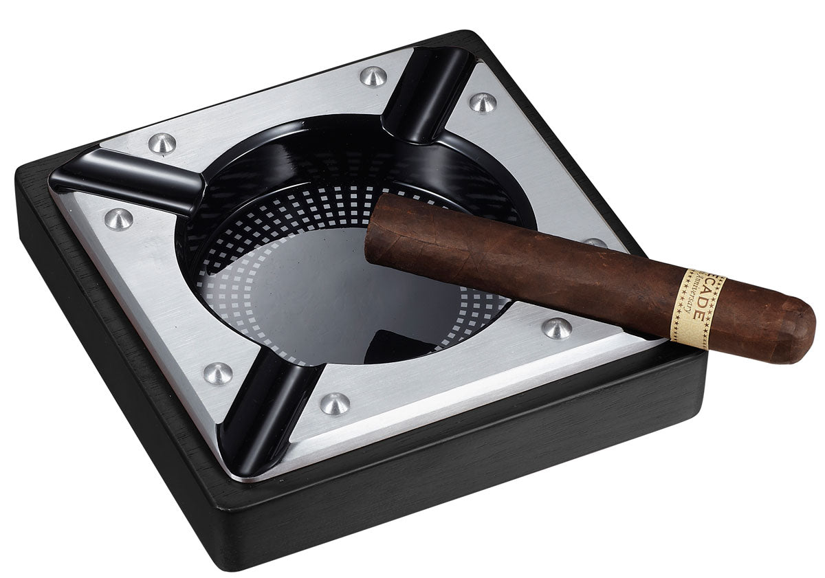 Visol Iris Black Matte Metal & Wood Cigar Ashtray - Premium Outdoor & Indoor Smoking Accessory for Cigar Lovers