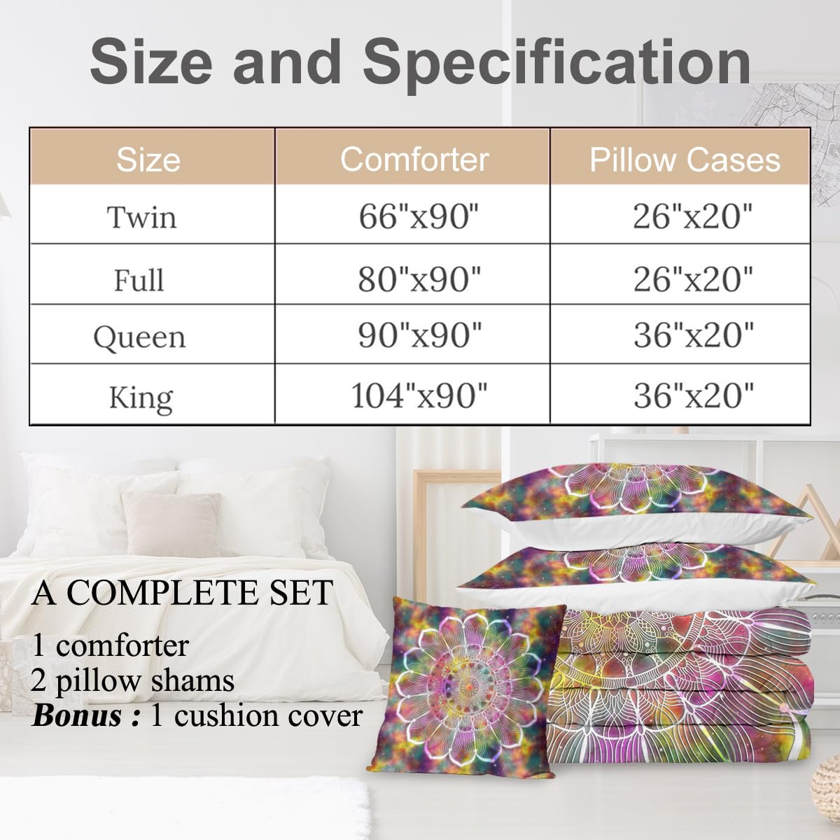 Boho Abstract Mandala Queen Comforter Set - Lightweight Bohemian Galaxy Quilt with Sparkle Stars, Psychedelic Bedspread (Purple) - Perfect for Bohemian & Hippie Bedroom Decor, Dorm Room, or Guest Room