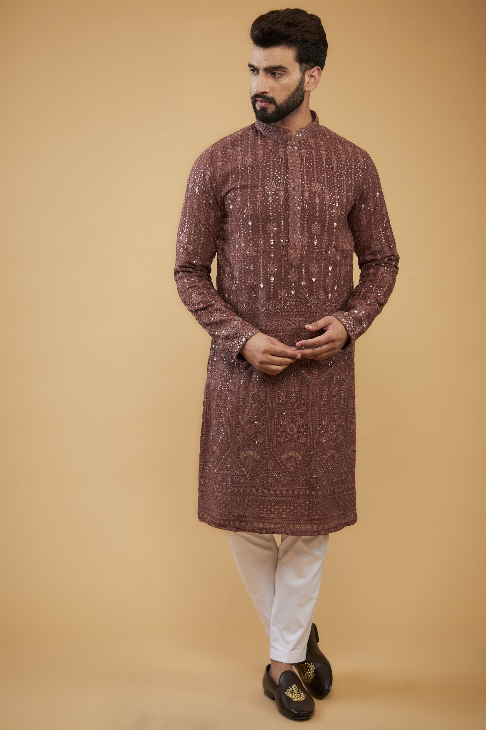 Elegant Mauve Taupe & Brown Sequined Kurta with Detailed Embroidered Border - Perfect for Festivals, Weddings, and Special Occasions